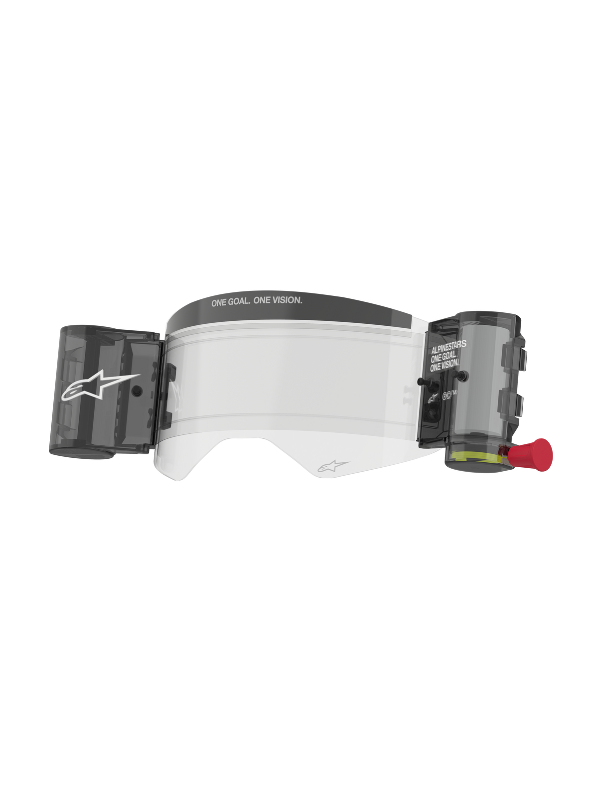 Alpinestars Supertech Roll Off Kit Wide Vision, accessorio per maschere da motocross, lente trasparente anti-appannamento con sistema roll-off integrato, contenitori neri e linguetta rossa, con marchio ONE GOAL ONE VISION, policarbonato ad alta resistenza per gare off-road