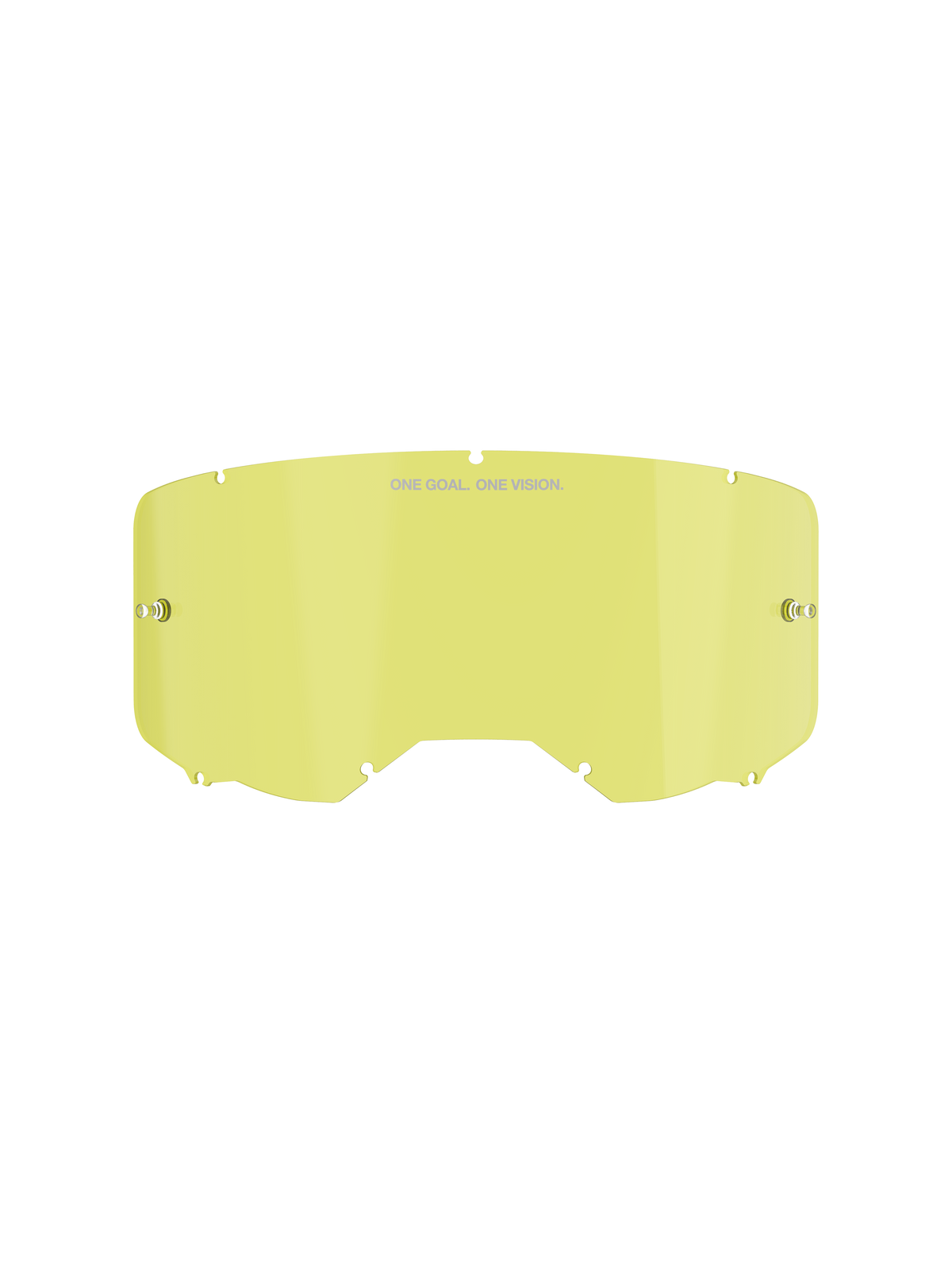 Lente di ricambio Alpinestars Vision 8-5-3, tinta gialla, costruzione in policarbonato con supporti tear-off integrati, marchio "ONE GOAL. ONE VISION.", sistema di bloccaggio a sette fori, per maschere da motocross e fuoristrada