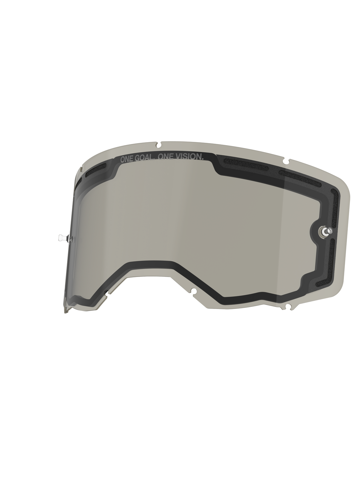 Lente Alpinestars Vision 8-5-3 Dual Pane, colore Smoke, lente di ricambio per maschera con costruzione a doppia lente ventilata, supporti tear-off integrati e scritta 'ONE GOAL. ONE VISION.', progettata per il motocross e la guida off-road