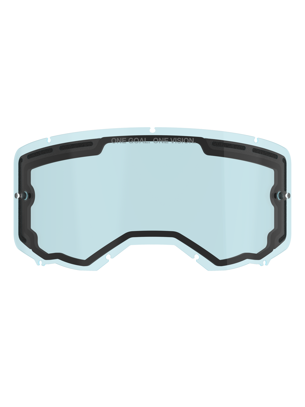 Lente Alpinestars Vision 8-5-3 Dual Pane, lente di ricambio per maschera con tonalità azzurro chiaro, guarnizione interna nera con branding "ONE GOAL. ONE VISION.", supporti laterali per tear-off, design curvo con ventilazione superiore per motocross e guida off-road