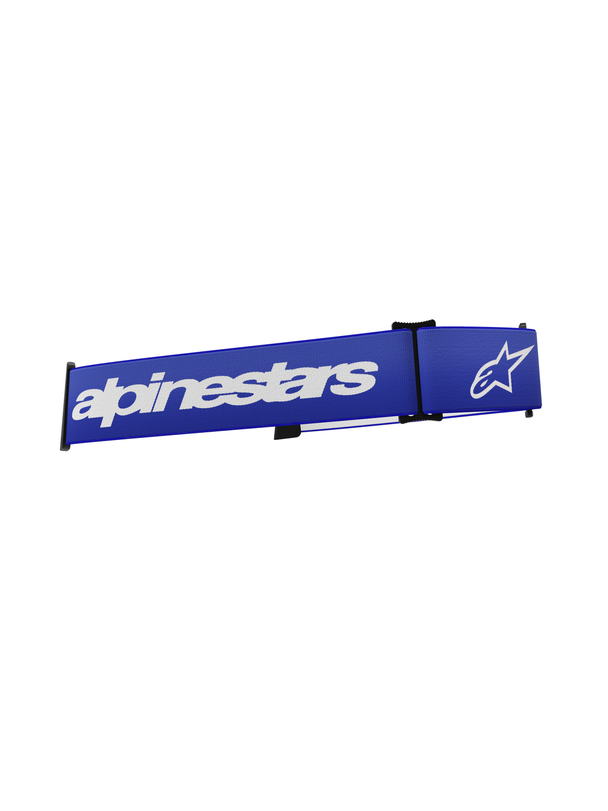 Cinturino per maschera Alpinestars Supertech, accessorio per occhiali da motocross, blu e bianco, con scritta Alpinestars e logo a stella bianchi su una fascia intrecciata blu vivace, ricambio con interfaccia a scatto per gare fuoristrada