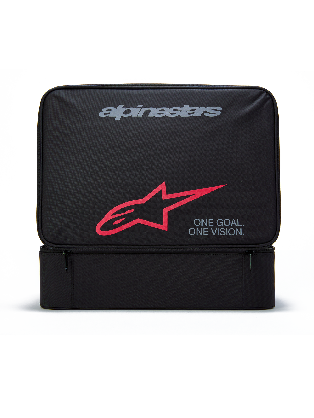 Custodia per occhiali Alpinestars Supertech Vision, borsa portaoggetti rettangolare nera per occhiali da motocross, con logo Alpinestars grigio, simbolo A-star rosso e scritta "ONE GOAL. ONE VISION.", resistente struttura in poliestere con tasca frontale con cerniera