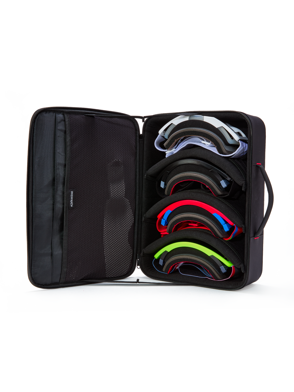 Custodia per occhiali Alpinestars Supertech Vision, nero, vista aperta che mostra lo scomparto interno per quattro paia di occhiali da motocross colorati, divisori modulari e tasche in rete sul coperchio, design a valigetta strutturata per la protezione degli occhiali