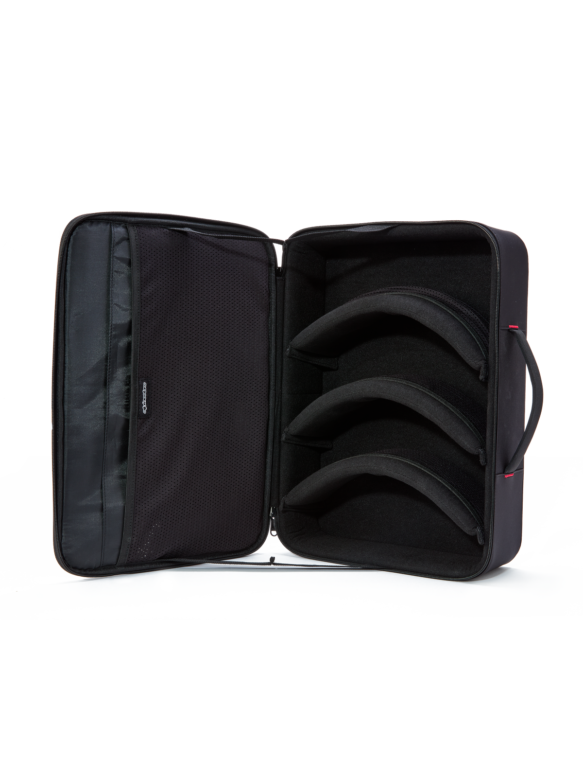 Alpinestars Custodia per Occhiali Supertech Vision, nero, vista interna aperta, tre divisori modulari pre-curvati per riporre lenti e occhiali, tasche del coperchio in morbida rete per accessori, design orizzontale a valigetta con maniglia imbottita, organizzatore protettivo per attrezzatura da motocross