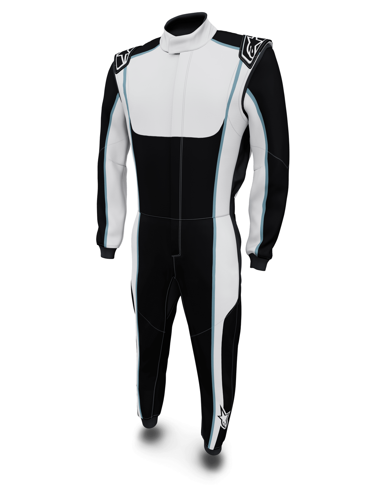 Alpinestars Tech Vision V3 Custom, tuta da corsa auto nera e bianca con dettagli blu, in Nomex certificata FIA