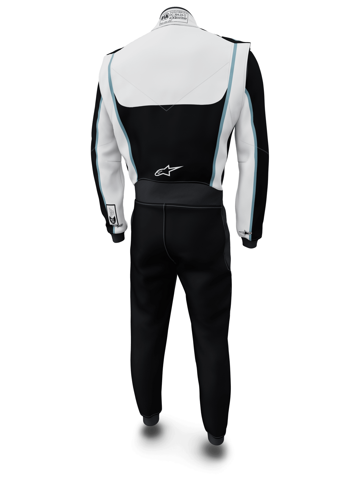 Alpinestars Tech Vision V3 Custom Suit, tuta da auto racing, bianco e nero con accenti azzurri, vista posteriore, con logo Alpinestars sulla parte bassa della schiena ed etichetta di certificazione FIA sul colletto, abbigliamento da corsa professionale ignifugo con costruzione in Nomex