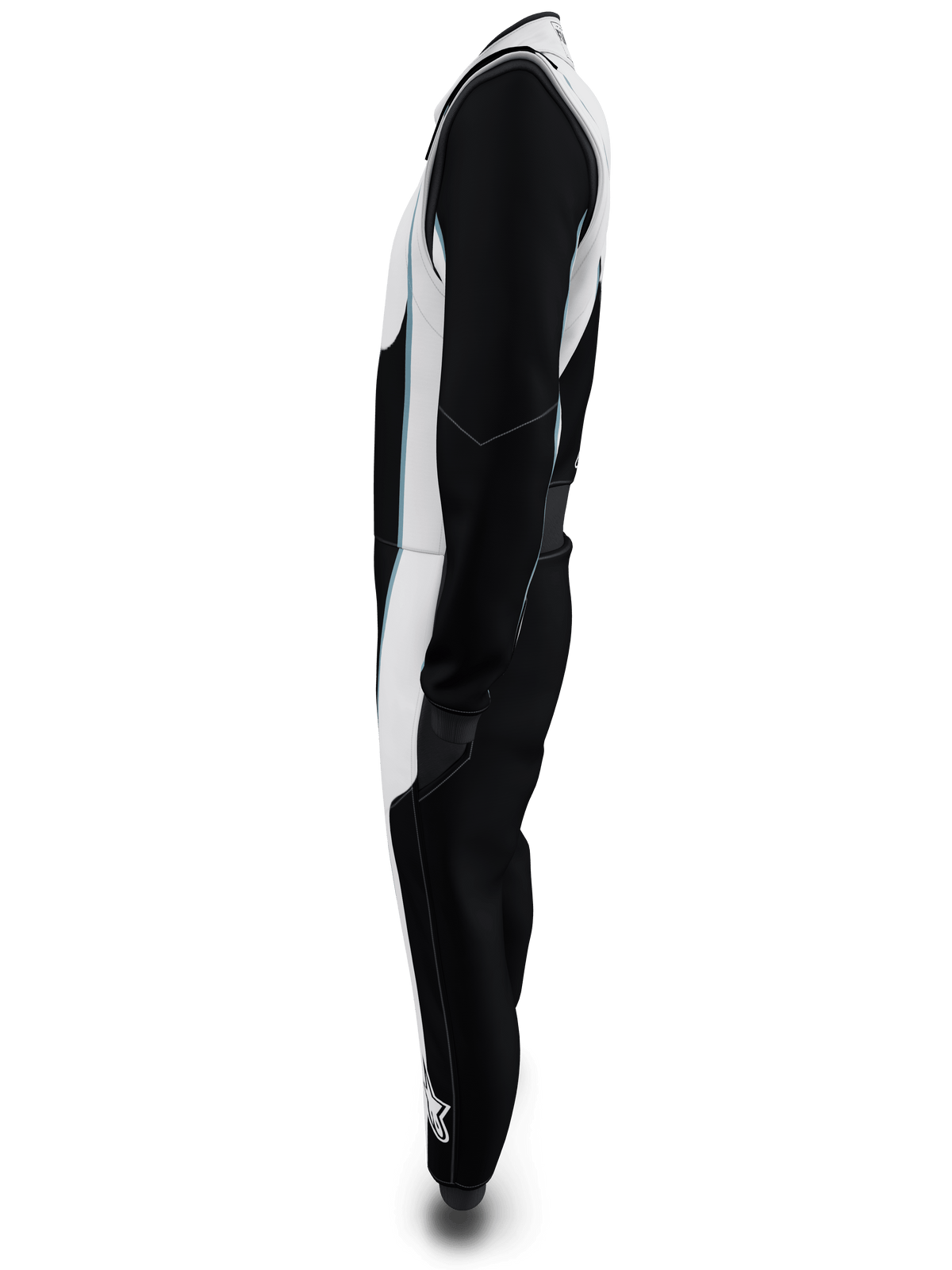 Alpinestars Tuta Custom Tech Vision V3, vista laterale, nero e bianco con accenti azzurri, tuta da corsa professionale certificata FIA e SFI, costruzione leggera in Nomex