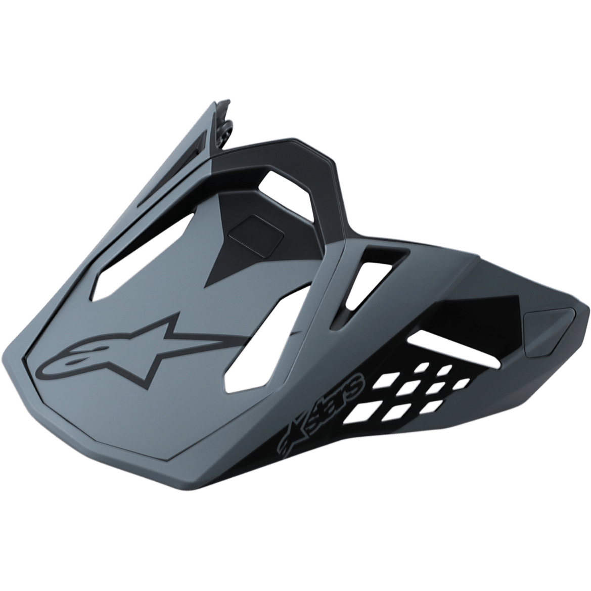 Visiera Alpinestars Supertech M10 Meta, frontino di ricambio per caschi da motocross, nero opaco e grigio, con logo Astar nero e aperture di ventilazione geometriche, design aerodinamico per corse fuoristrada