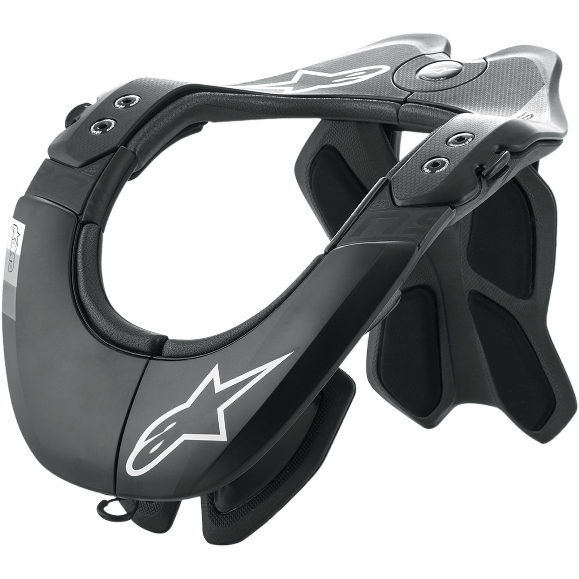 Supporto collo Alpinestars BNS Tech 2, collare da motocross, nero e grigio Cool Gray, telaio in polimero di carbonio con texture in fibra di carbonio, loghi Alpinestars a stella bianchi, dotato di stabilizzatore posteriore ergonomico e imbottitura ammortizzata, protezione professionale per corse off-road