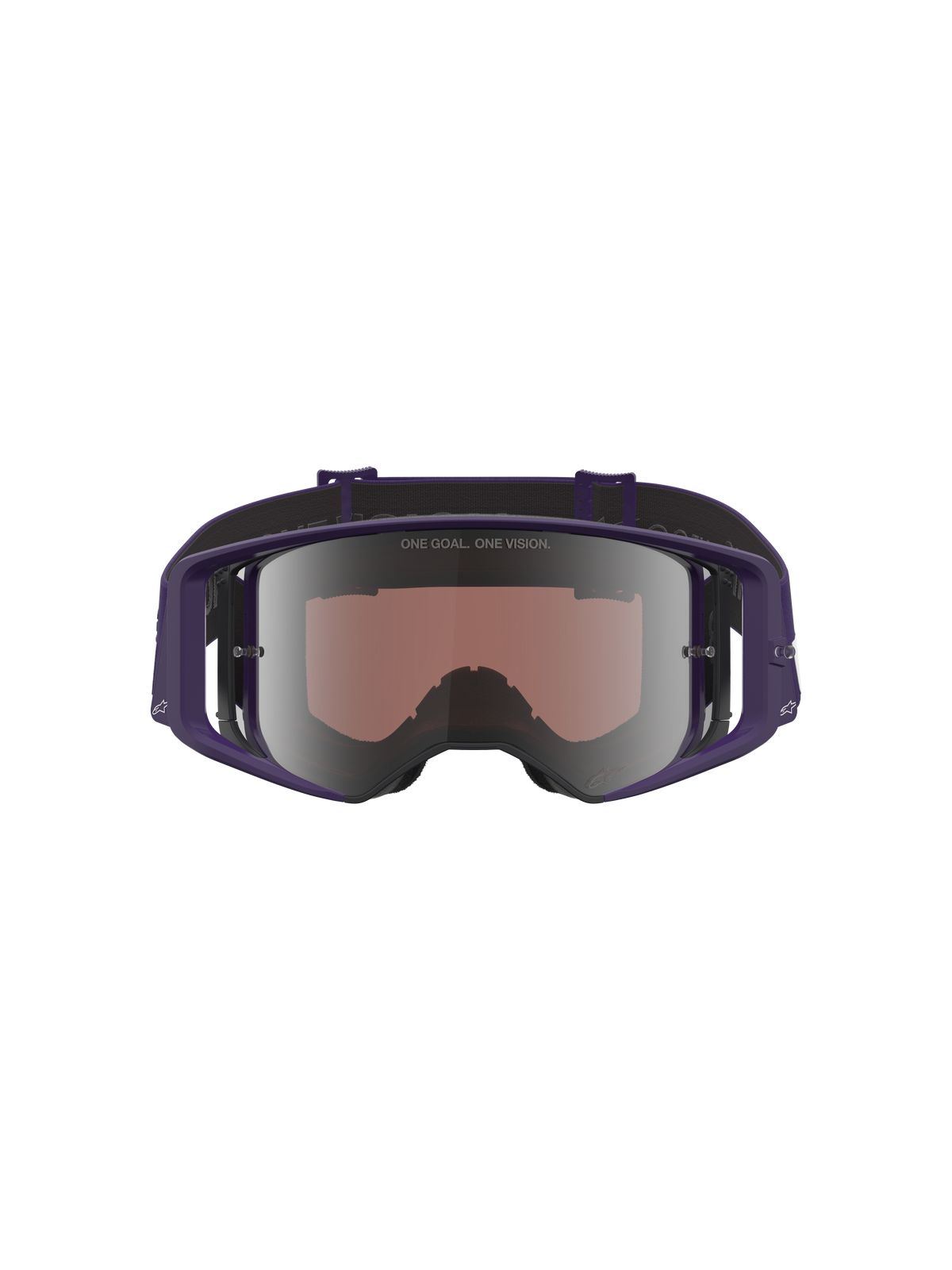 Alpinestars Limited Edition HUNTA96 XXV Supertech Vision, maschera da motocross, viola e bianco con lenti a specchio argentate, vista frontale che mostra la lente riflettente con testo 'ONE GOAL. ONE VISION.', design della montatura con ampia visione periferica per corse fuoristrada