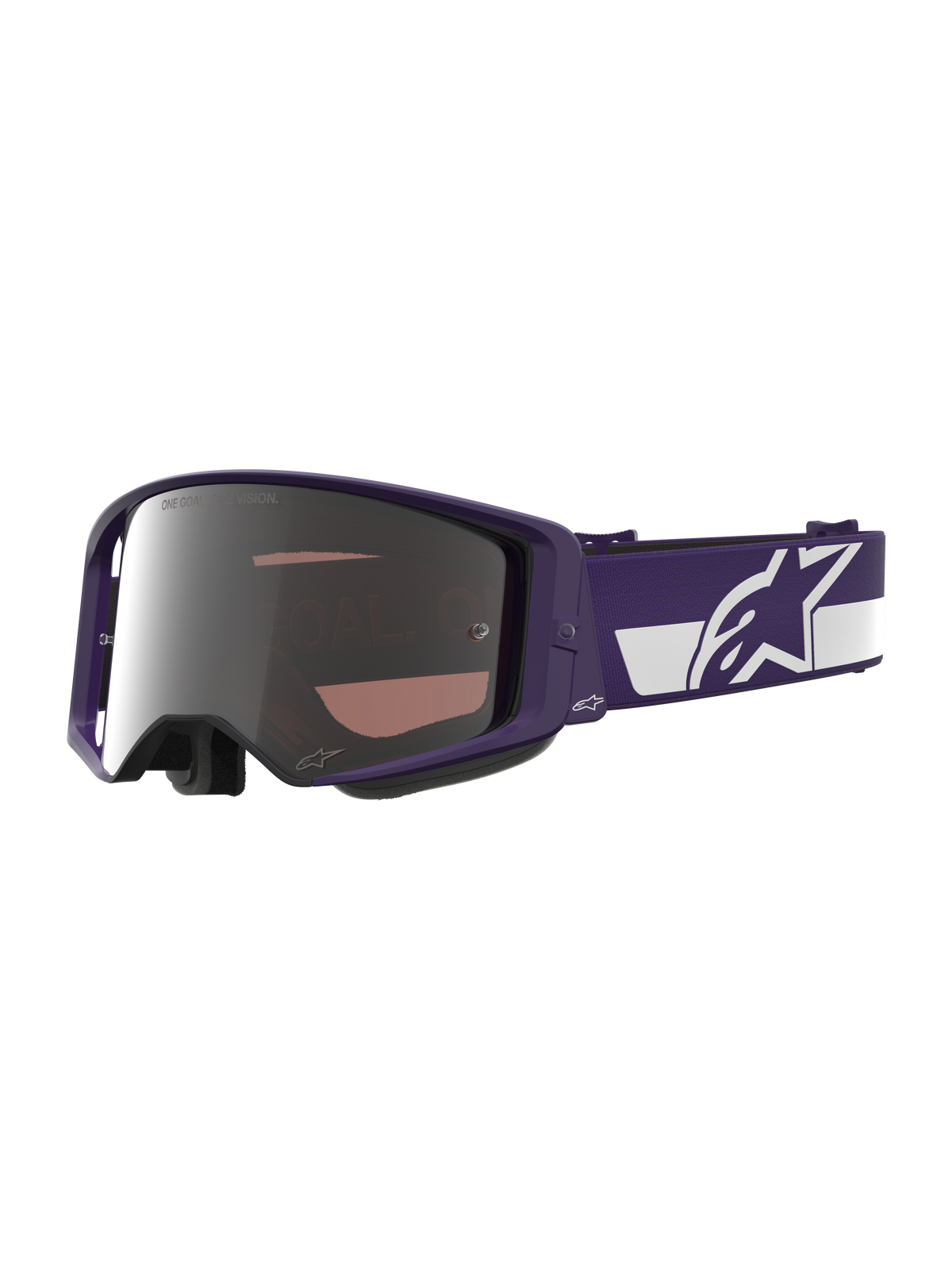 Alpinestars Limited Edition HUNTA96 XXV Supertech Vision Goggles, maschera da motocross, viola e bianco con lenti a specchio argentate, scritta "ONE GOAL. ONE VISION." sulla lente, ampia fascia regolabile con logo Alpinestars, protezione oculare per corse fuoristrada