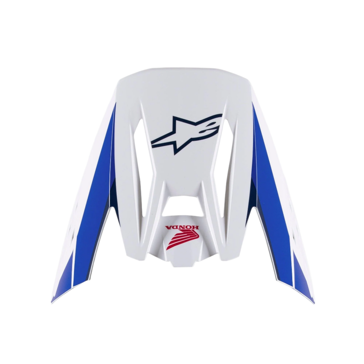 Alpinestars Honda S-M5 Visor, visiera di ricambio per casco, finitura lucida bianca, blu e rossa, pannelli laterali blu con loghi Alpinestars blu navy e Honda rossi, accessorio per casco da motocross