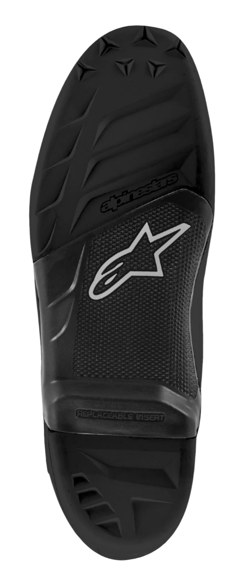 Suola Alpinestars Tech 7, suola di ricambio per stivali da motocross, struttura in gomma nera, con battistrada testurizzato, logo Alpinestars ed emblema a stella, con scritta 'REPLACEABLE INSERT' nella parte centrale.