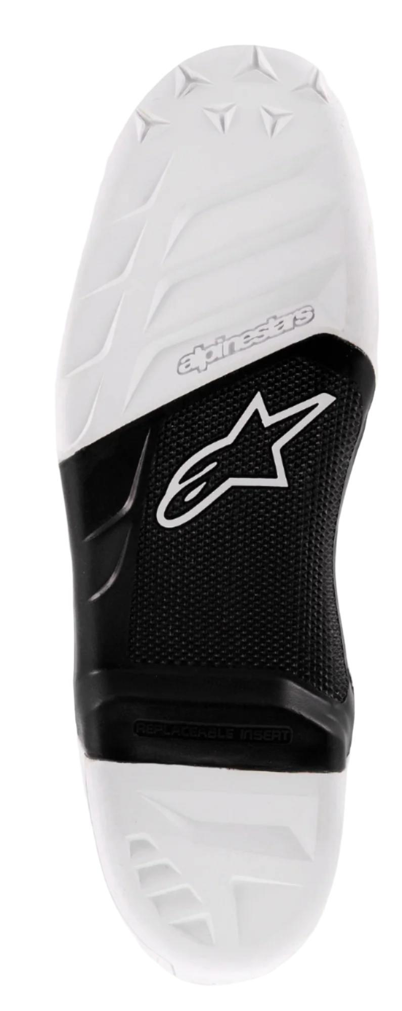 Alpinestars Tech 7 Sole, suola di ricambio per stivali da motocross, bianco e nero, con superficie a grip testurizzato, logo Alpinestars e inserto centrale sostituibile per prestazioni di guida off-road