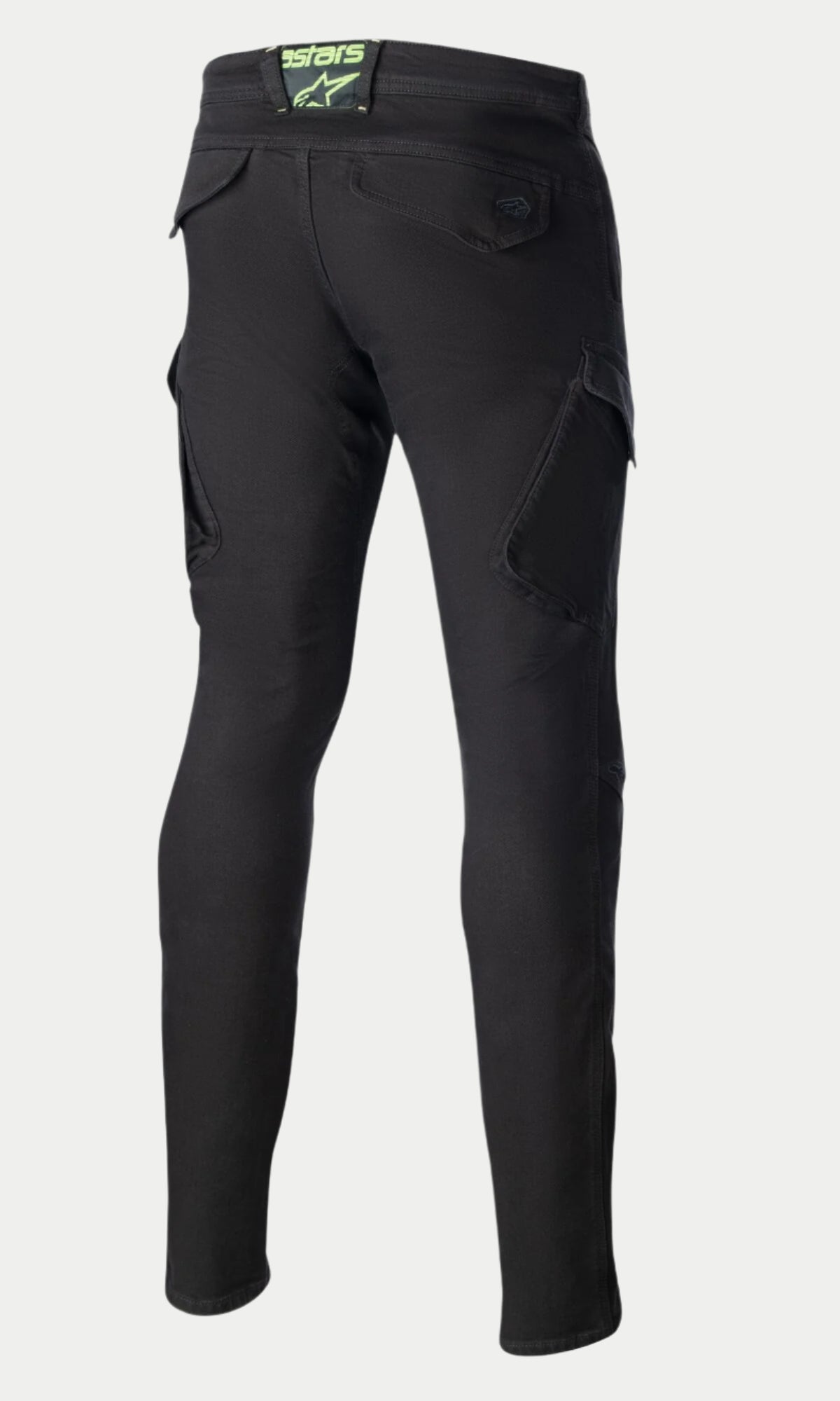 Pantaloni da moto Alpinestars Caliber Slim Fit Tech, nero, vista posteriore che evidenzia la vestibilità slim affusolata, tasche cargo in stile combat e tasche posteriori con patta con patch logo verde lime sulla cintura