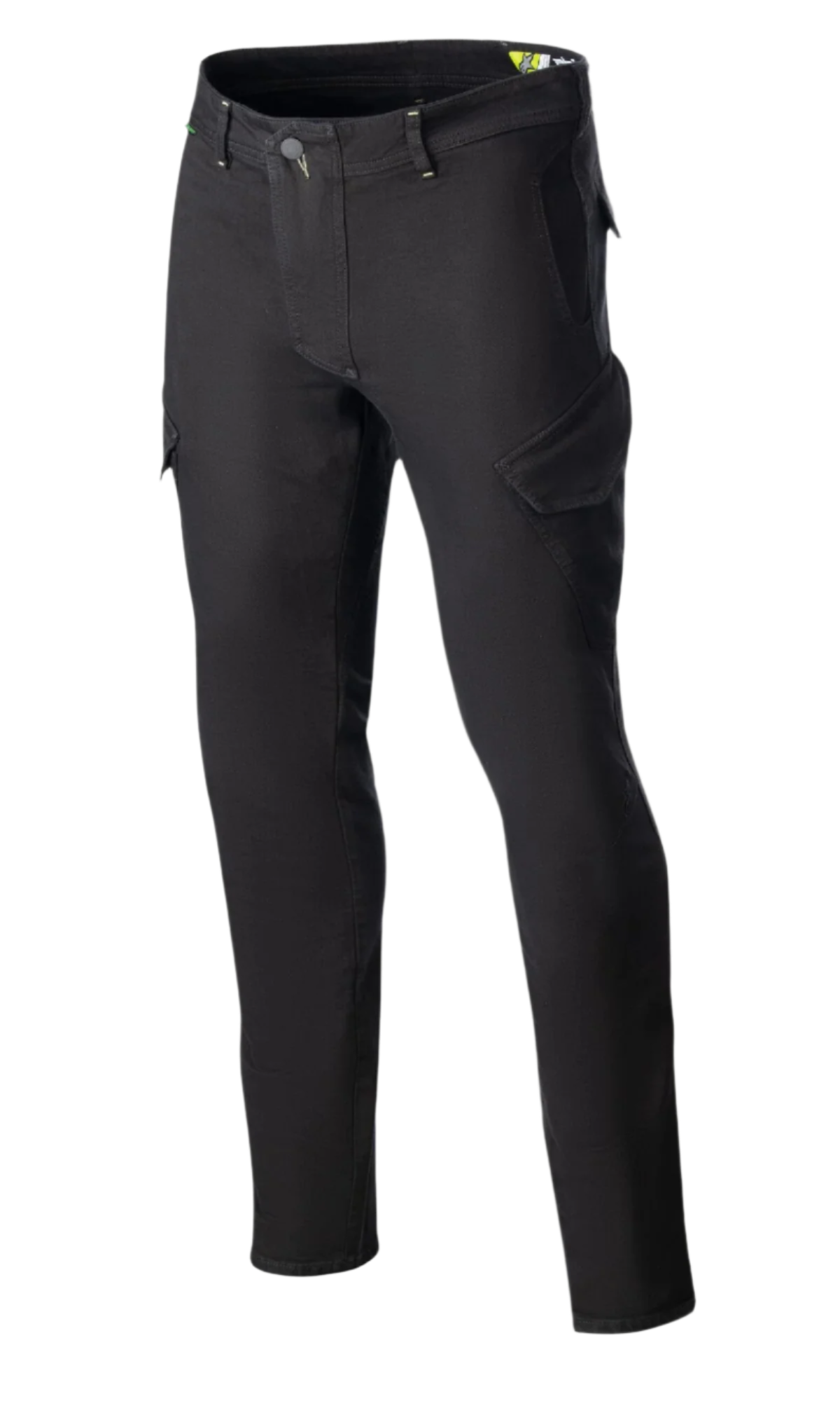 Alpinestars Caliber Slim Fit Tech Riding Pants, pantaloni da moto neri con tasche cargo angolate stile combat, vestibilità slim affusolata, passanti per cintura e chiusura con bottone, realizzati in denim Cordura stretch per un look urbano tecnico