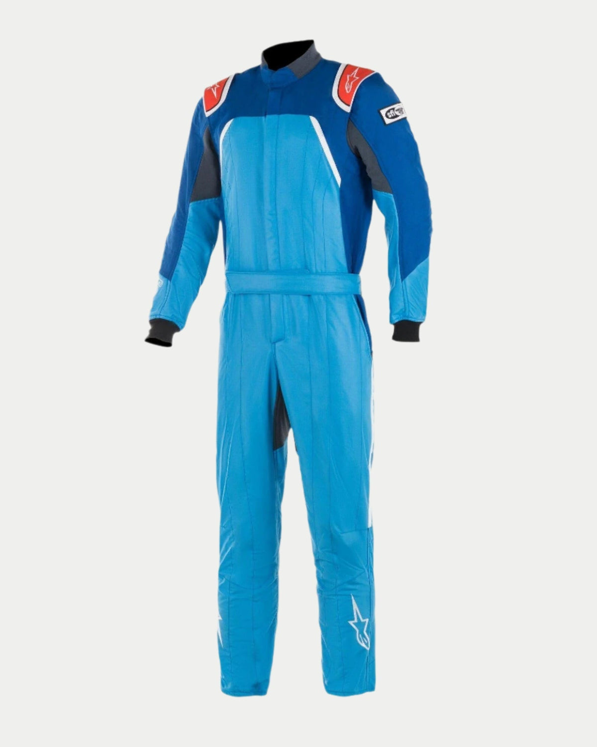 Alpinestars GP Pro Comp Bootcut Suit FIA, tuta professionale da racing, blu cobalto, blu royal e rosso, con costruzione aramidica a tre strati, spalline e gamba bootcut con loghi a stella bianchi