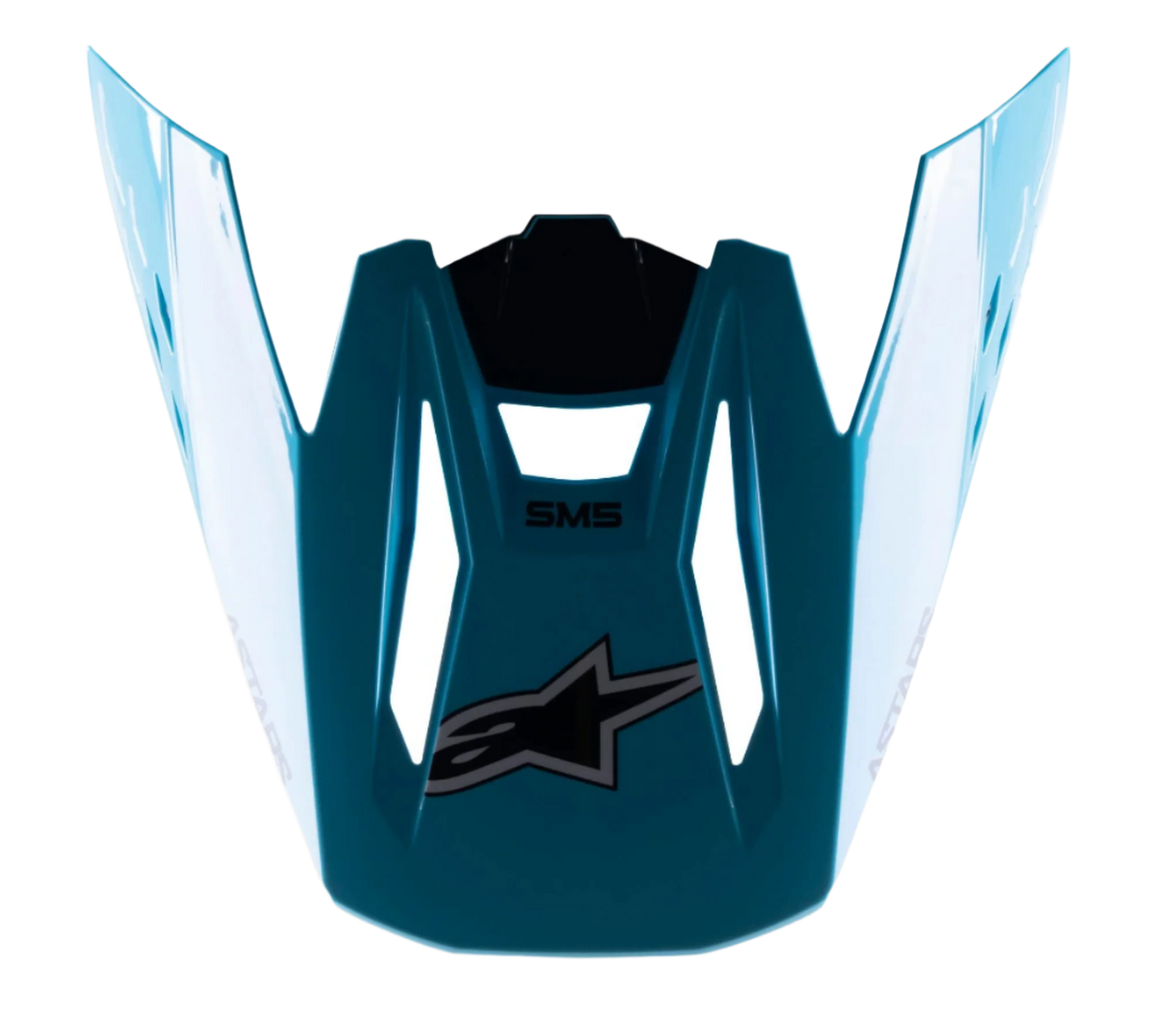 Visiera per casco Alpinestars S-M5 Speed, accessorio per casco da motocross, azzurro e nero lucido, con logo a stella Alpinestars nero e marchio SM5, design aerodinamico con finitura lucida, frontino di ricambio in plastica resistente per corse fuoristrada