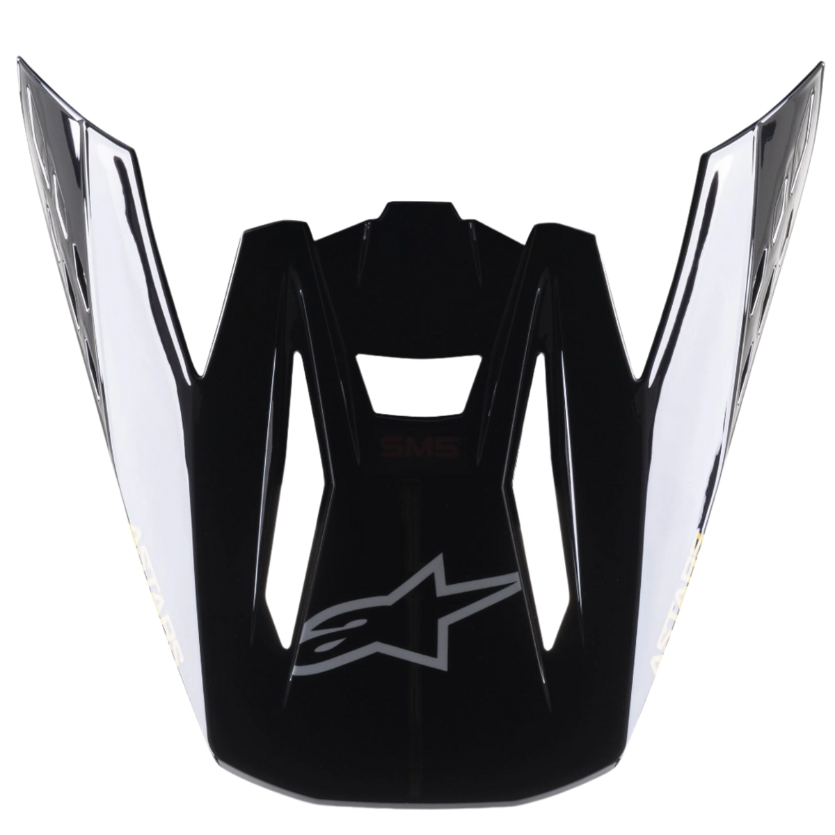 Alpinestars Visiera per Casco S-M5 Venture, accessorio per casco da motocross, nero lucido, frontino di ricambio con logo Alpinestars argento sul davanti e marchio bianco sui lati, plastica resistente con finitura lucida per gare fuoristrada.