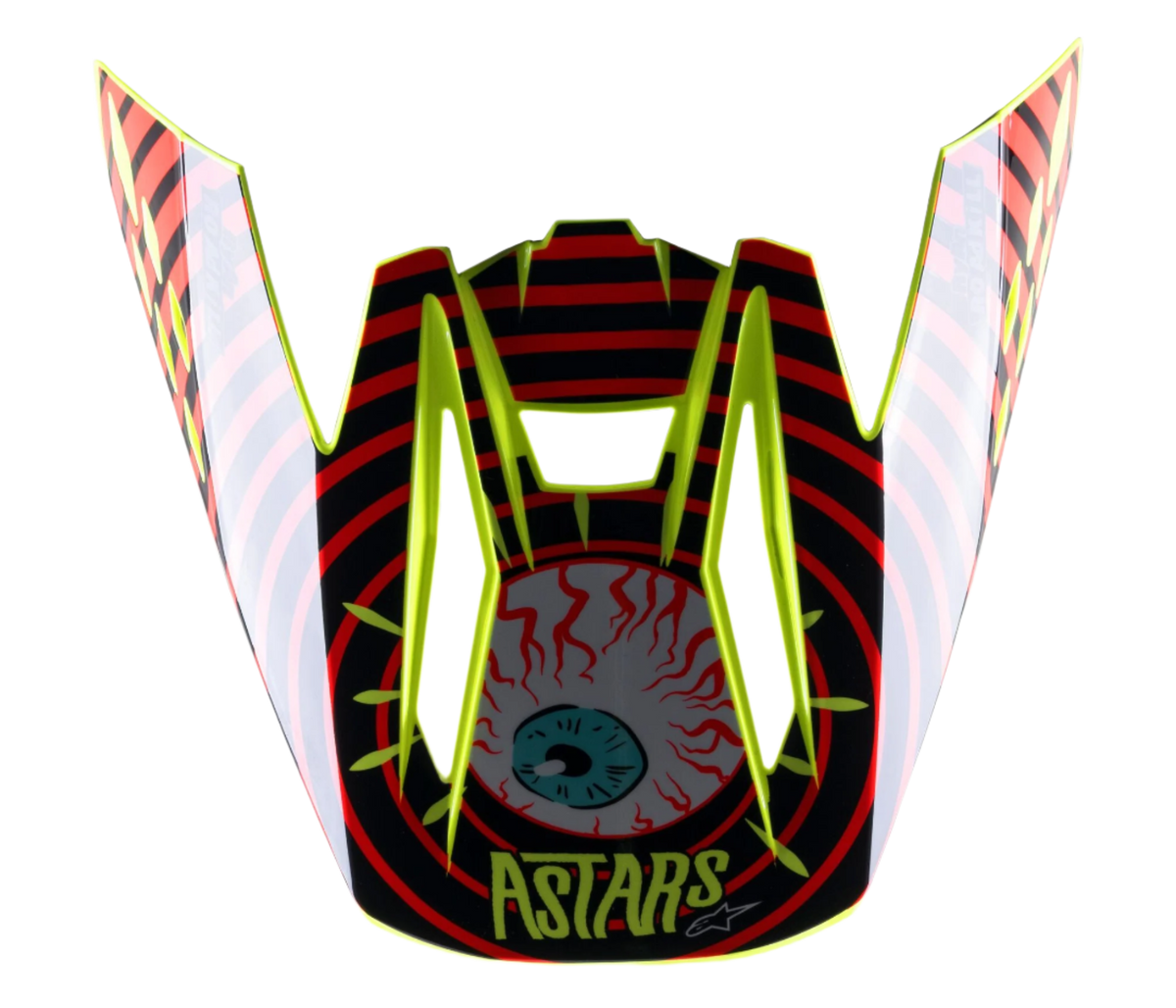 Visiera Alpinestars S-M5 Solar Flare, frontino di ricambio per casco da motocross, nero, rosso e giallo fluo, con grafica di un bulbo oculare iniettato di sangue, logo ASTARS e bordo giallo neon vibrante
