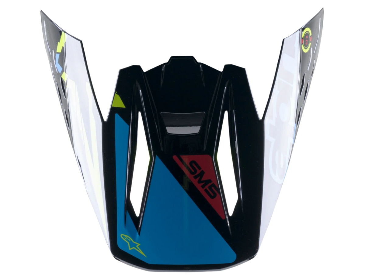 Visiera Alpinestars S-M5 Action, ricambio per casco da motocross, nero, ciano e giallo fluo lucido, con marchio SM5 e logo a stella, design ad aggancio rapido per la guida fuoristrada