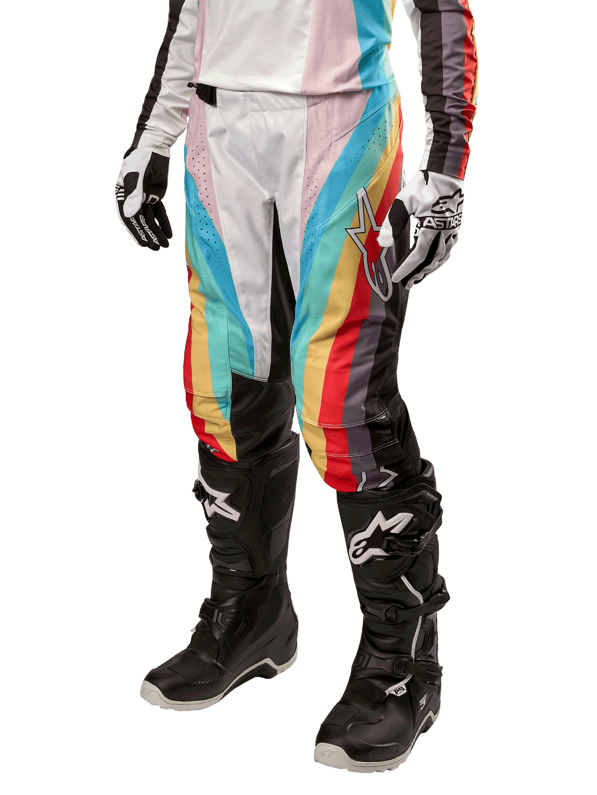 Alpinestars Stella 2024 Techstar Pants, pantaloni da motocross da donna, multicolore nero con strisce diagonali rosse, gialle e blu, indossati con stivali neri e guanti bianchi, dotati di pannelli protettivi neri sulle ginocchia e loghi evidenti per il fuoristrada.