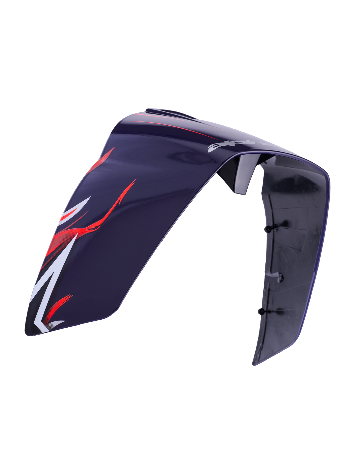 Alpinestars Supertech R10 Flyte Race Spoiler, accessorio per casco, Purple Red Glossy, con grafiche aerodinamiche rosse e bianche e marchio Alpinestars, costruzione in plastica lucida con punti di montaggio interni visibili, parte di ricambio per caschi da gara.