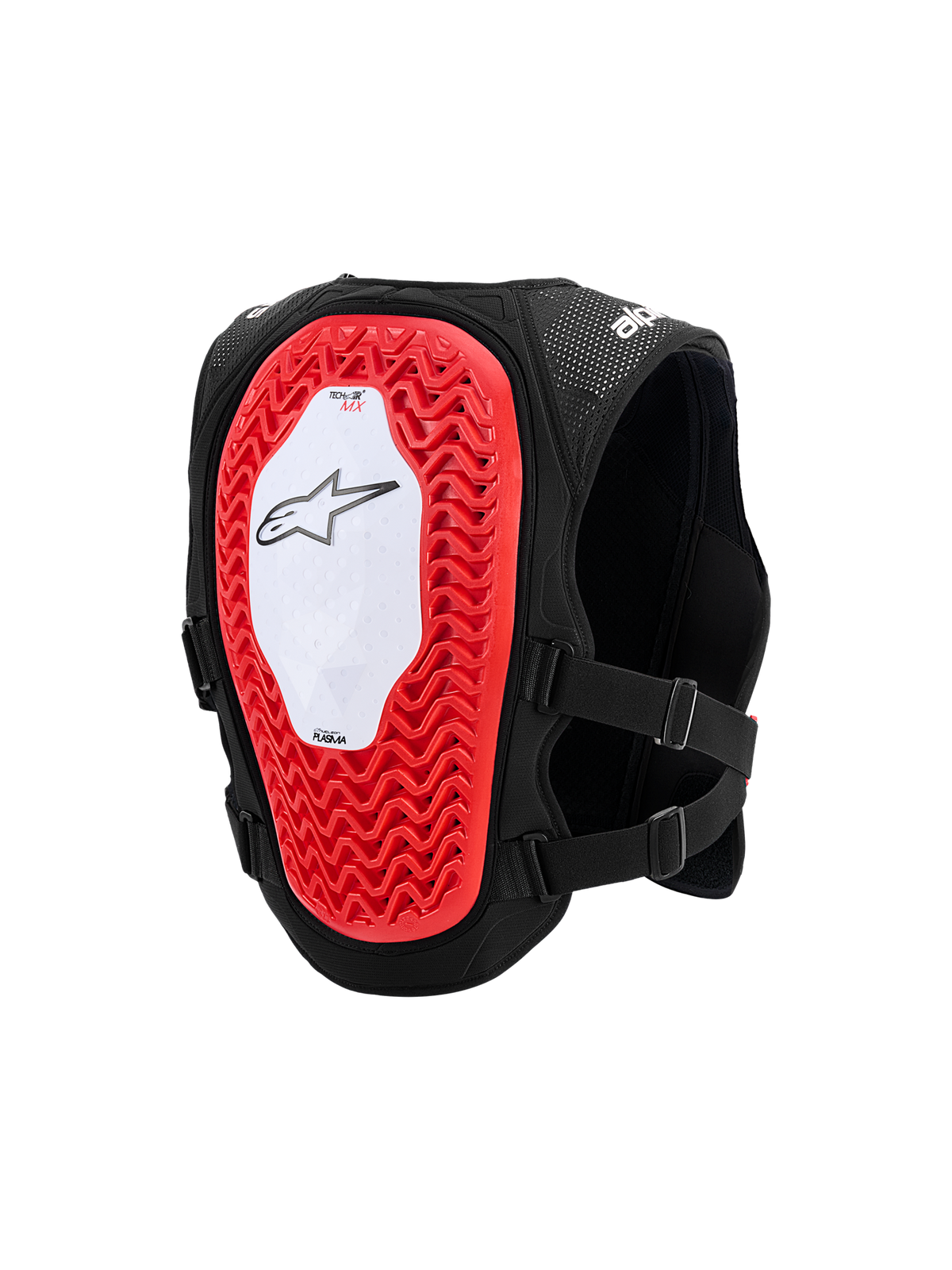 Alpinestars Tech-Air® MX System, gilet airbag autonomo per il fuoristrada, vista posteriore con ampio paraschiena rosso Nucleon PLASMA con struttura a nido d'ape, pannello centrale bianco con logo a stella nero, struttura in mesh nera traspirante e cinghie laterali regolabili