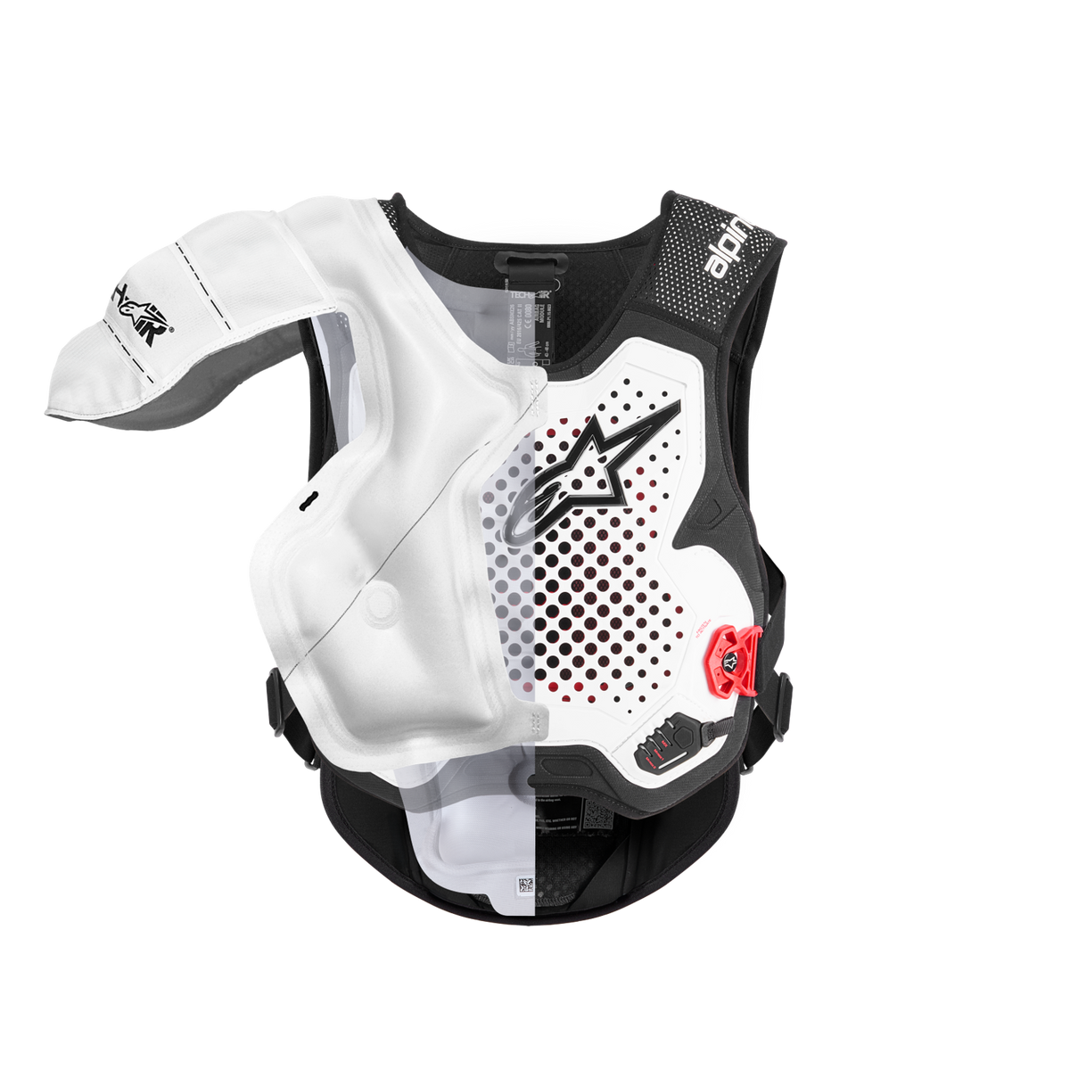 Alpinestars Tech-Air® MX System, airbag off-road autonomo, vista in sezione che mette in risalto la sacca gonfiabile interna bianca e il gilet protettivo, struttura nera e bianca con accenti rossi, protezione per spalle e torace