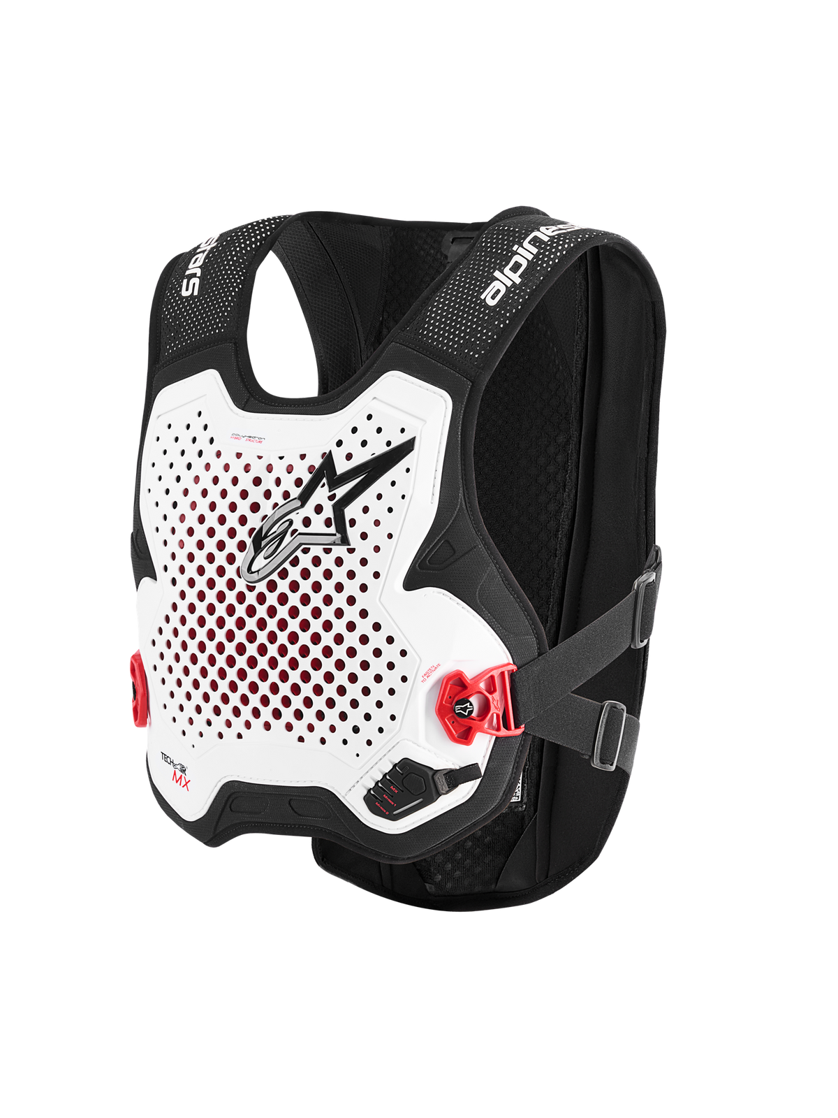 Alpinestars Tech-Air® MX System, gilet airbag autonomo per fuoristrada, bianco e nero, piastra pettorale bianca traforata con logo nero, fibbie laterali rosse, telaio in rete elasticizzata nera, protezione avanzata per motocross e supercross