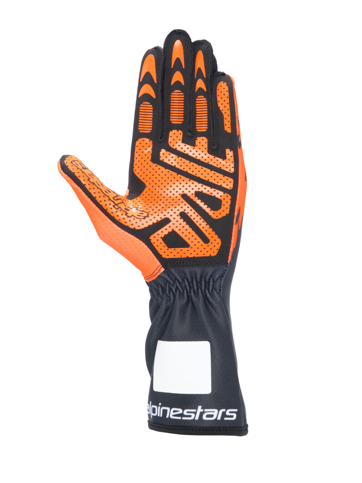 Guanti da kart Alpinestars Tech-1 K V3, nero e arancione, vista del palmo con motivo grip in silicone dettagliato, polsino lungo con logo Alpinestars bianco, design ergonomico per gare di kart