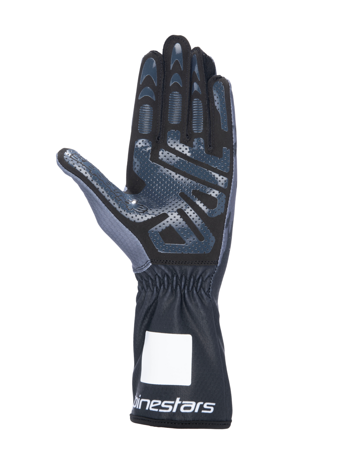 Guanti da karting Alpinestars Tech-1 K V3, nero antracite, vista lato palmo con stampa in silicone ad alta aderenza, palmo in pelle scamosciata sintetica, polsino a guanto con polso elasticizzato e loghi bianchi, attrezzatura professionale per motorsport