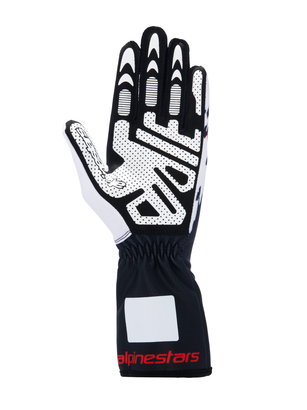 Guanti Alpinestars Tech-1 K V3, guanti da kart, nero bianco e rosso, vista del palmo con stampa in silicone ad alta aderenza, materiale in scamosciato sintetico, polsino con marchio rosso, attrezzatura professionale per il karting