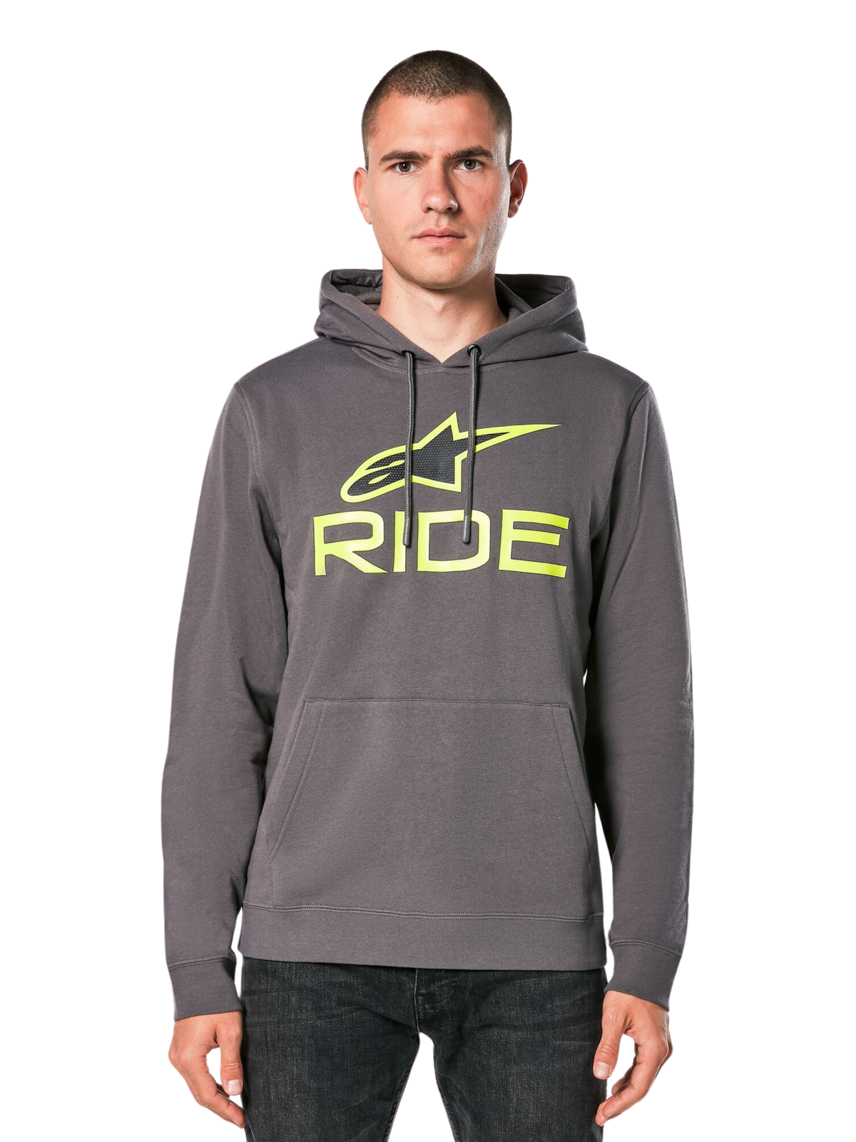 Alpinestars Ride Hoodie V 3, felpa con cappuccio grigio antracite con logo RIDE verde lime, dotata di tasca a marsupio anteriore e cappuccio con cordoncino, streetwear casual ispirato al motorsport