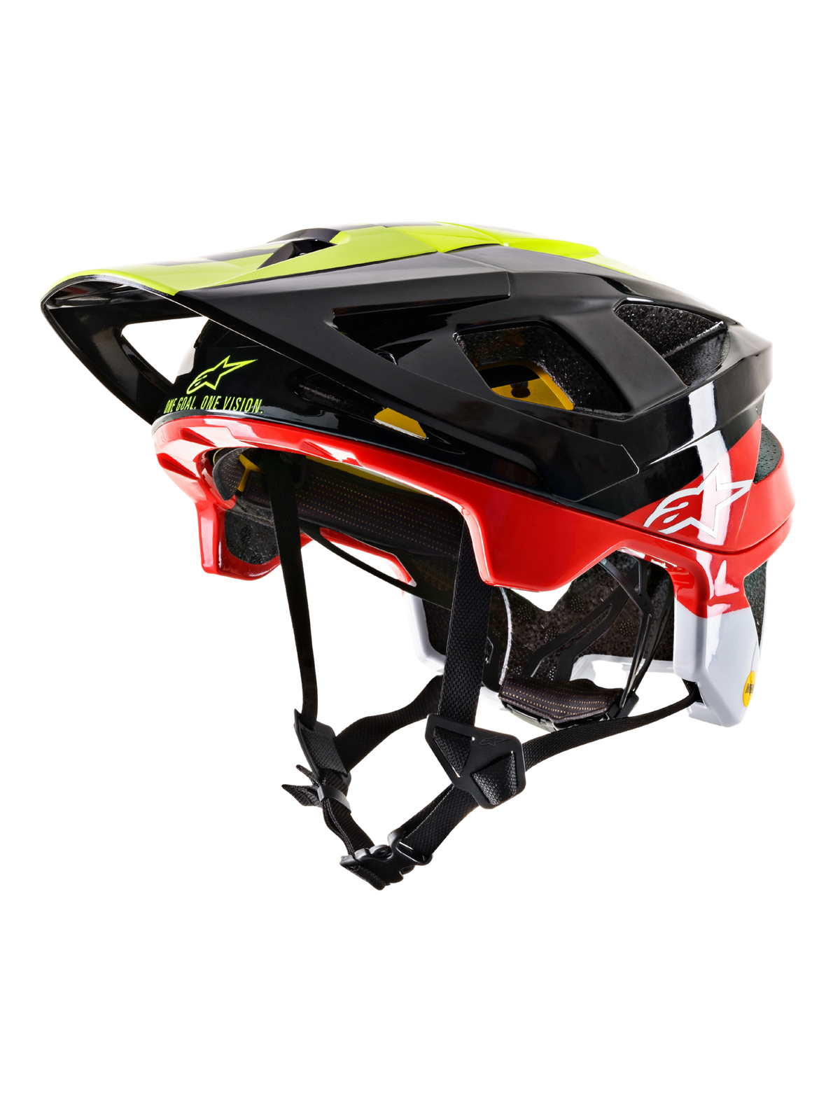 Alpinestars Vector Tech Pilot MTB Helmet CE, casco da mountain bike, nero, rosso, bianco e giallo fluo, finitura lucida con molteplici porte di ventilazione, visiera regolabile, logo MIPS, design aerodinamico per il ciclismo fuoristrada