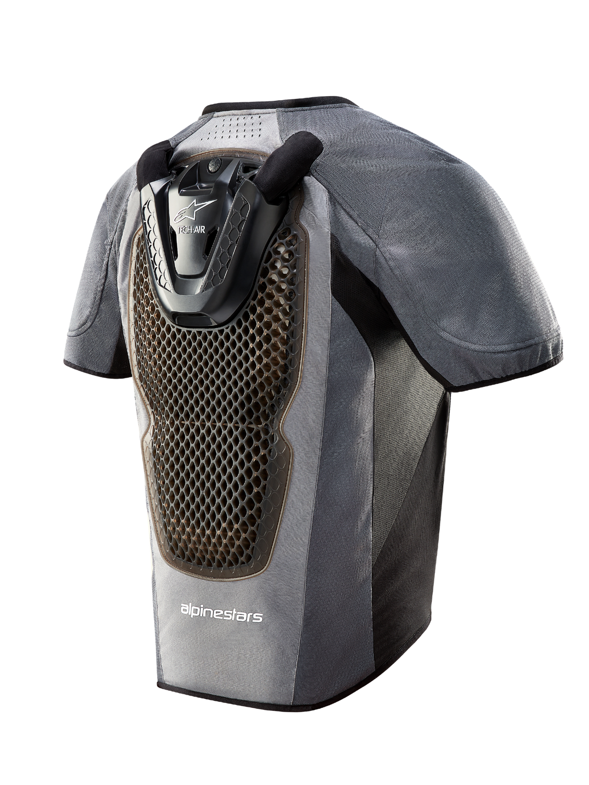 Gilet airbag Tech-Air 5 grigio scuro e nero, vista posteriore con ampio paraschiena con trama a nido d'ape.