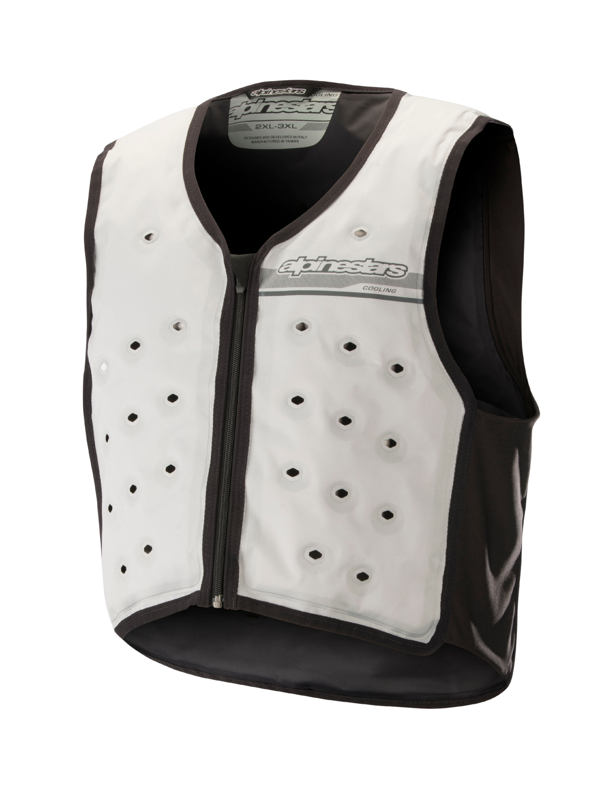 Alpinestars Cooling Vest, strato base da moto senza maniche, grigio chiaro e grigio scuro, con fori di ventilazione circolari, zip frontale e tessuto traspirante per la guida in climi caldi