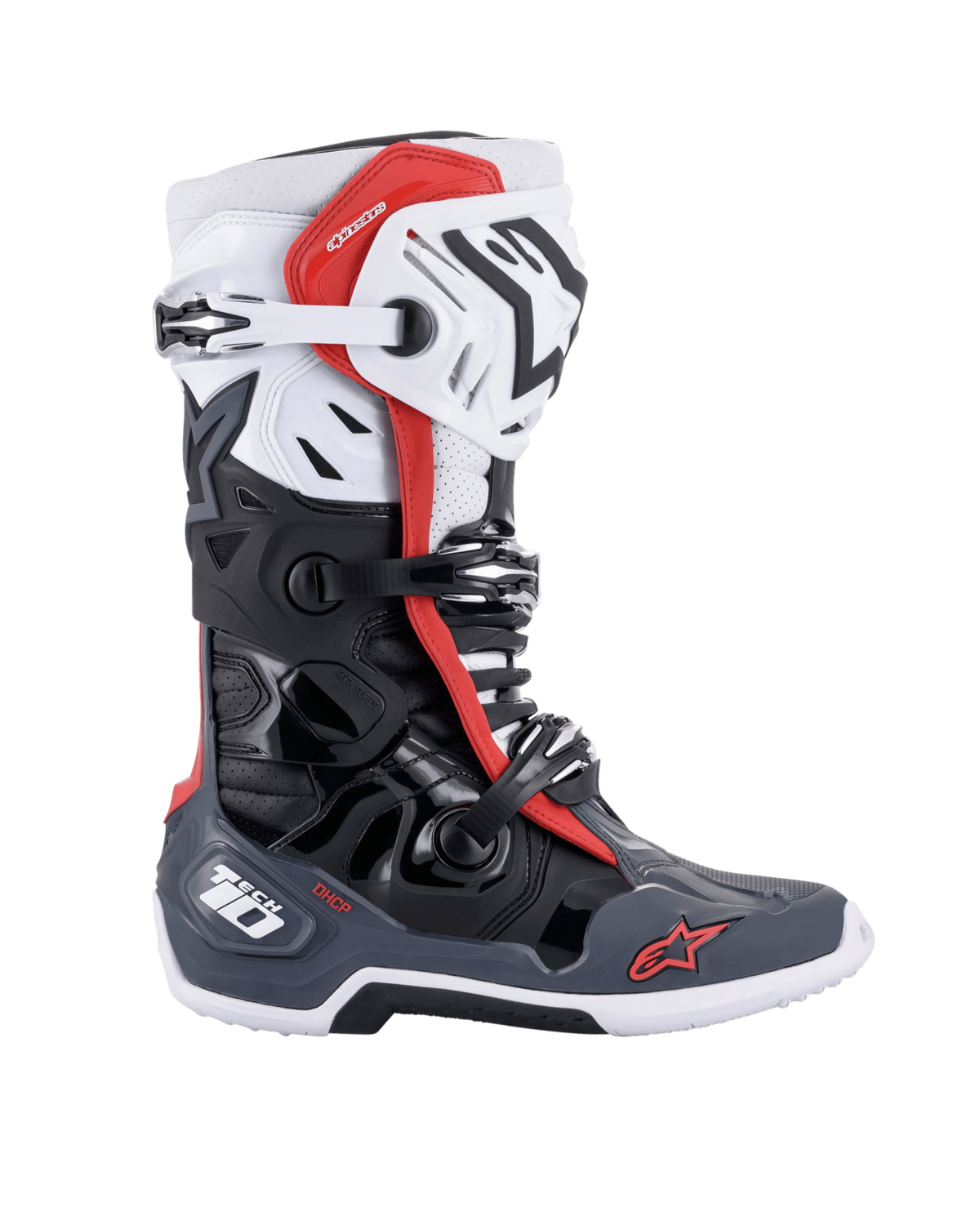 Stivali Alpinestars Tech 10 Supervented, stivali da motocross, nero, bianco, grigio medio e rosso, con sistema di chiusura a tripla fibbia, scocca in TPU ventilata e suola resistente con logo Alpinestars per prestazioni fuoristrada.