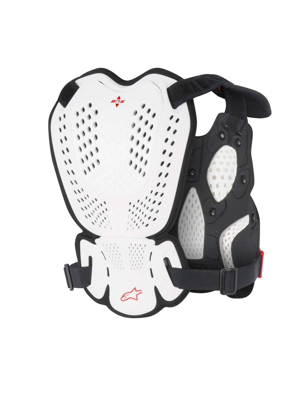 Alpinestars A-1 Roost Guard, protezione per petto e schiena da motocross, bianco e nero con logo Alpinestars rosso, piastre rigide traforate, imbottitura in bio-foam, vista posteriore che mostra la copertura protettiva per motocross e guida fuoristrada