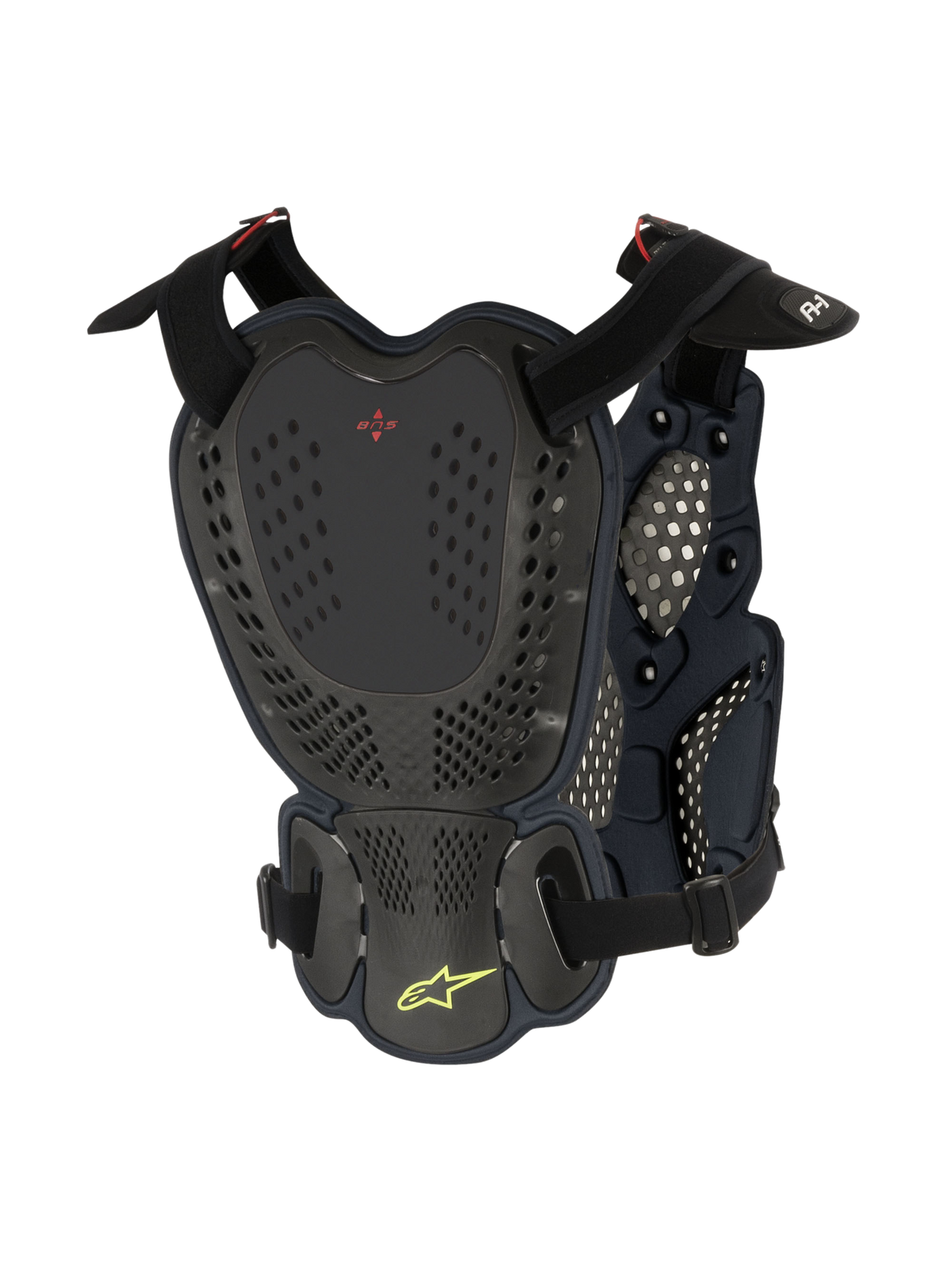Alpinestars A-1 Roost Guard, protezione torace e schiena motocross, nero antracite, vista posteriore con placche rigide traforate, logo BNS rosso e logo Alpinestars a stella verde lime, cinghie regolabili per la protezione fuoristrada