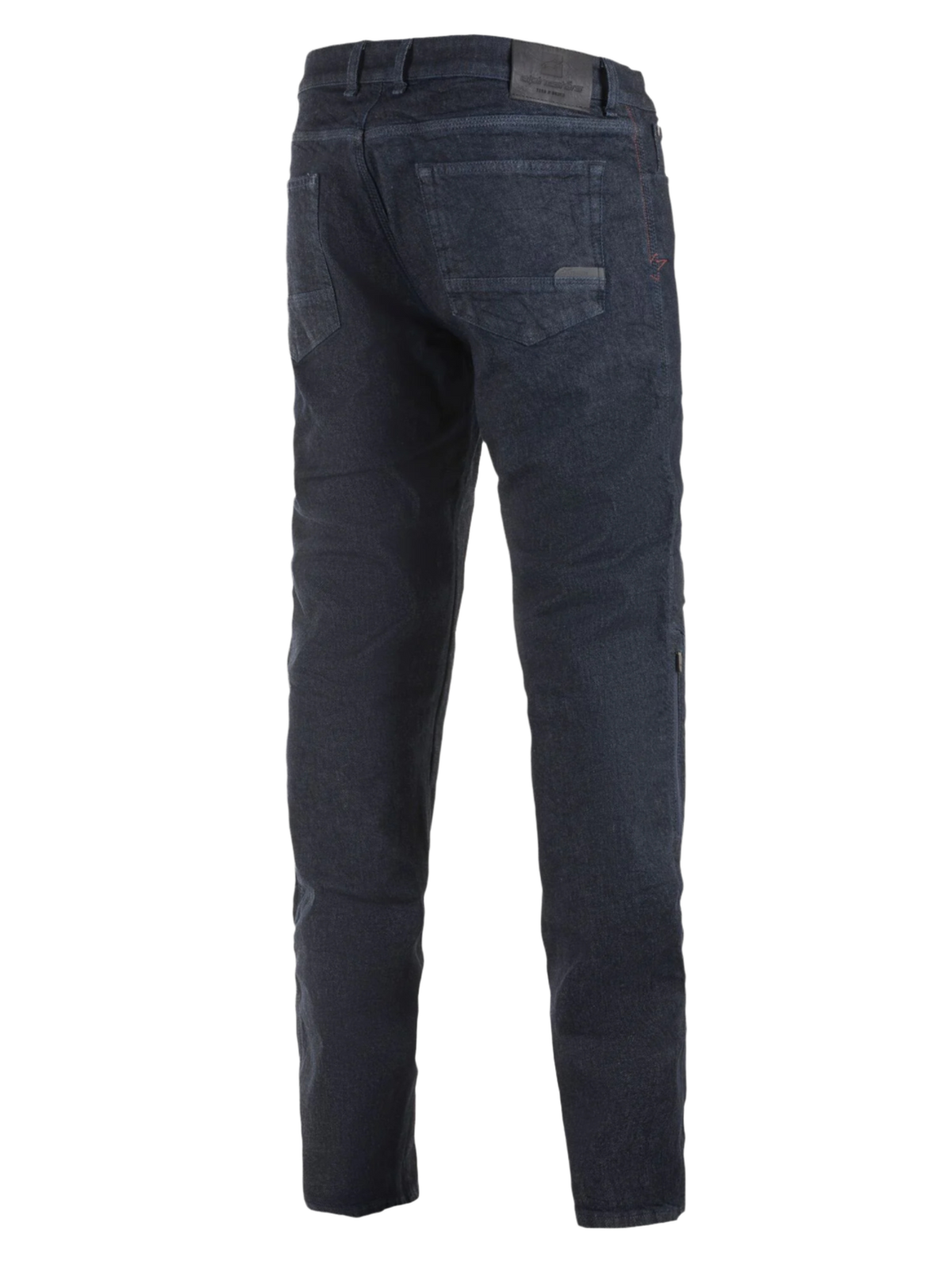 Alpinestars Copper Out V2 Riding Denim, jeans da moto, Rinse Plus Blue, vista posteriore che mostra la vestibilità regular dritta, patch in pelle sulla vita, denim lavaggio scuro per guida urbana su strada