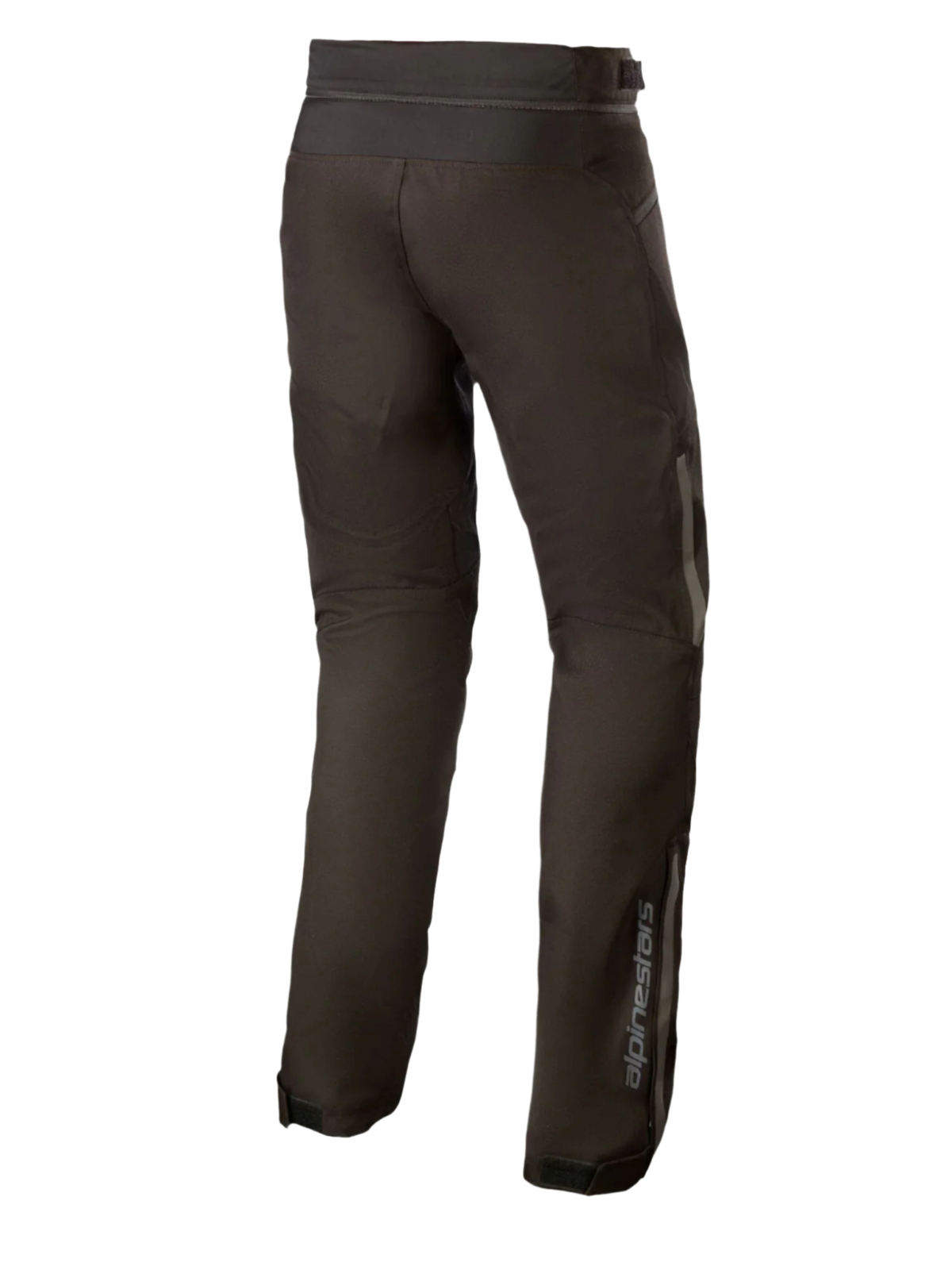 Alpinestars AST-1 V2 Waterproof Pants Long, pantaloni da moto in tessuto nero, vista posteriore con dettagli riflettenti e branding verticale sulla parte inferiore della gamba, abbigliamento tecnico resistente per tutte le stagioni