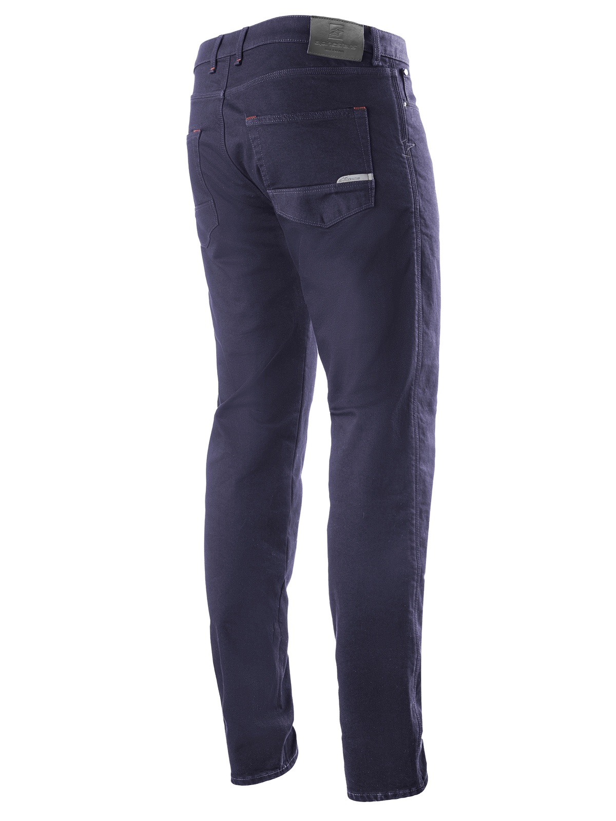 Alpinestars Copper V2 Denim Pants Lunghezza Corta, Rinse Blue, vista posteriore di tre quarti con tasche posteriori e patch in pelle in vita, jeans da moto urbani dal look denim classico