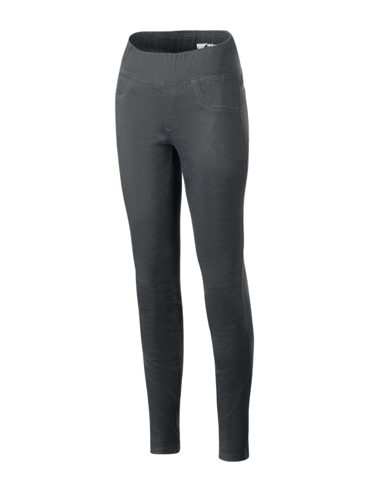 Alpinestars Shuri Women Leggings Summer, leggings da moto a vita alta e vestibilità slim, nero, con ampia fascia elastica in vita, tessuto in denim di cotone elasticizzato, cuciture decorative delle tasche anteriori, pantaloni da guida in stile urban per donna