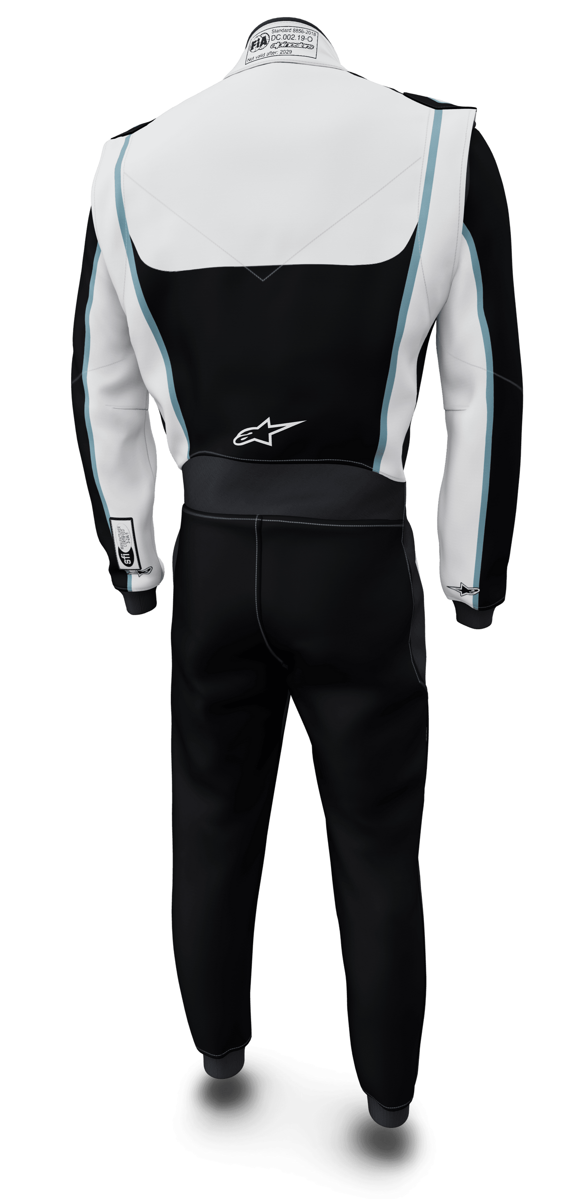 Alpinestars Tech Vision V3 Custom Su Misura, tuta racing, nero e bianco, Nomex, certificata FIA/SFI, vista posteriore