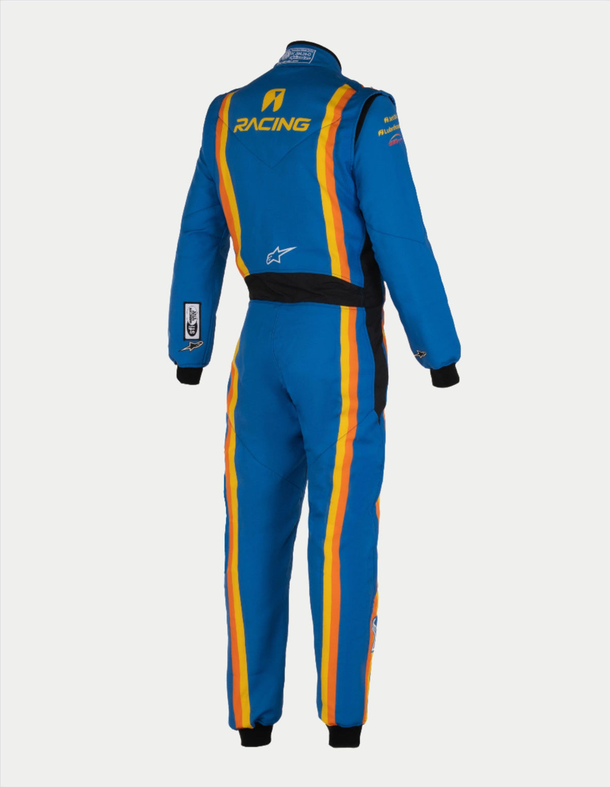 Alpinestars Tech Vision V3 Custom Suit, tuta da corsa professionale, vista posteriore in blu con strisce arancioni e gialle, marchio 'RACING' e logo a stella Alpinestars, pannelli elastici neri in vita e polsini neri, abbigliamento motorsport leggero e traspirante