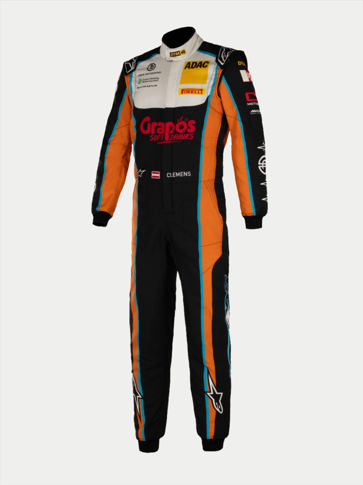 Alpinestars Tech Vision V3 Custom Suit, tuta professionale da corsa, nera con pannelli arancioni e bianchi e dettagli azzurri, con loghi sponsor personalizzati e nome del pilota 'CLEMENS', costruzione in Nomex ignifugo