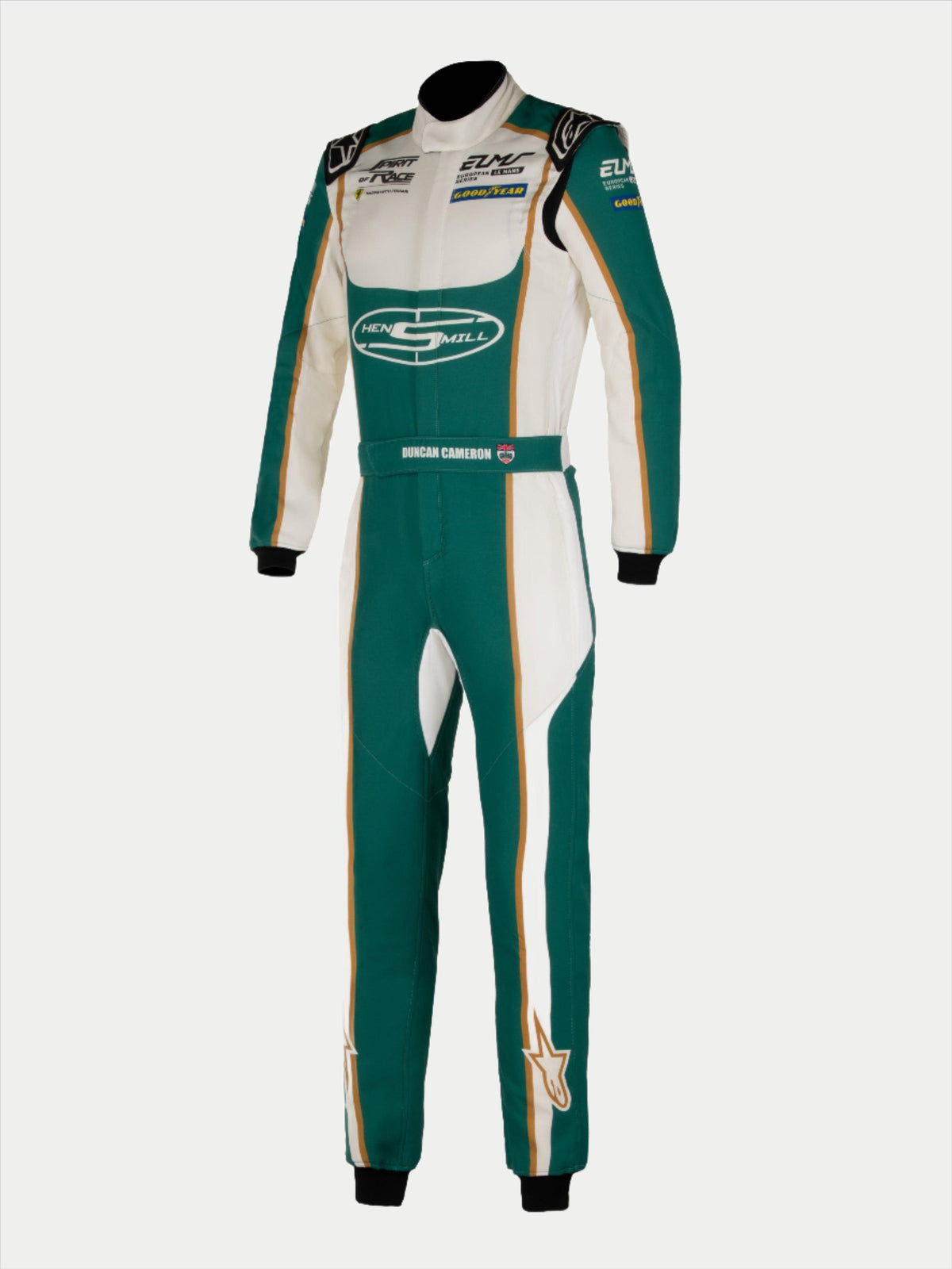 Alpinestars Tech Vision V3 Custom Su Misura, tuta da corsa auto in Nomex verde e bianca con dettagli oro, certificata FIA