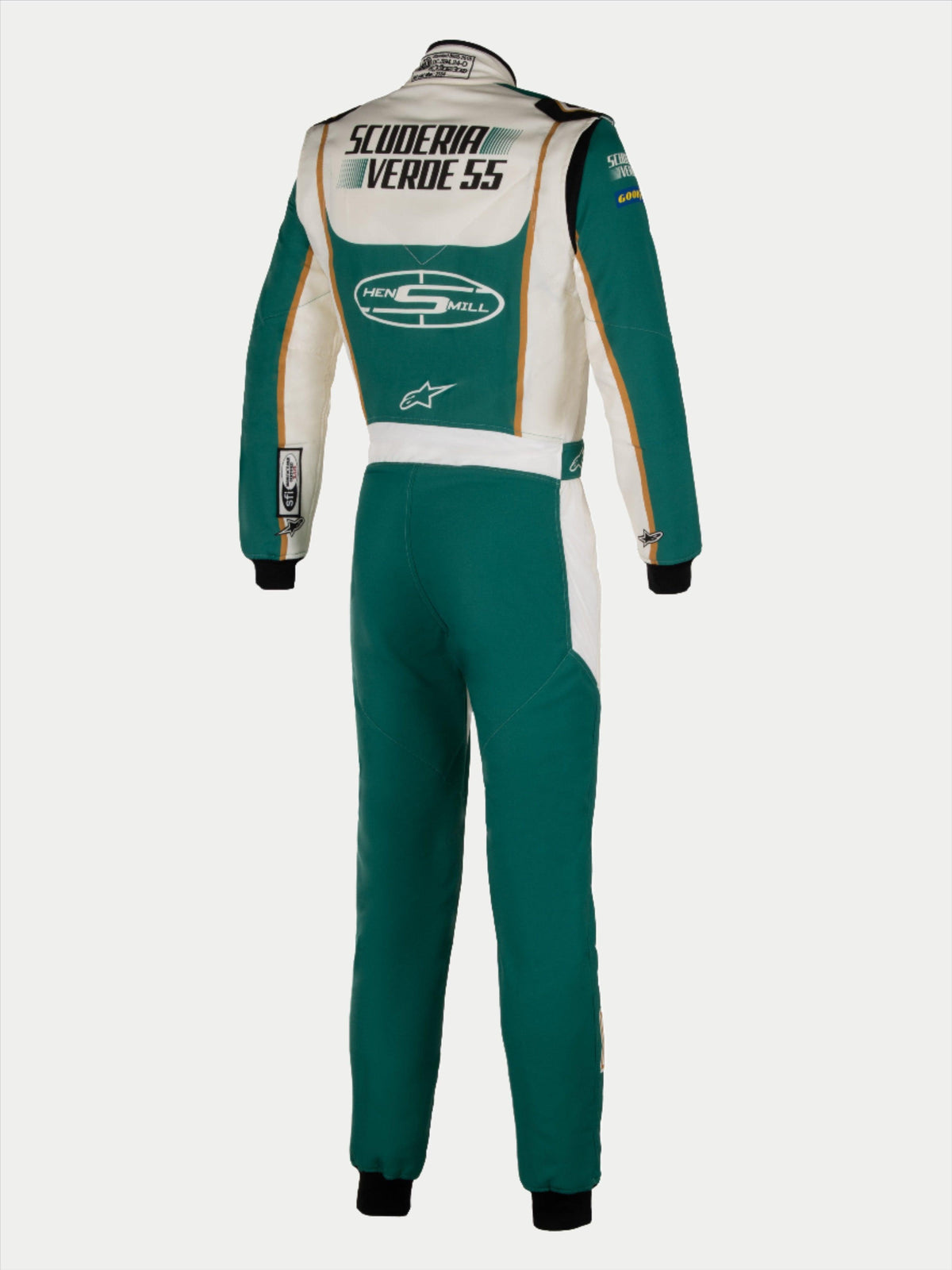 Alpinestars Tech Vision V3 Custom Suit, vista posteriore, verde acqua e bianco con dettagli oro, branding personalizzato "Scuderia Verde 55" e "Hens Mill", tuta da gara professionale omologata FIA/SFI