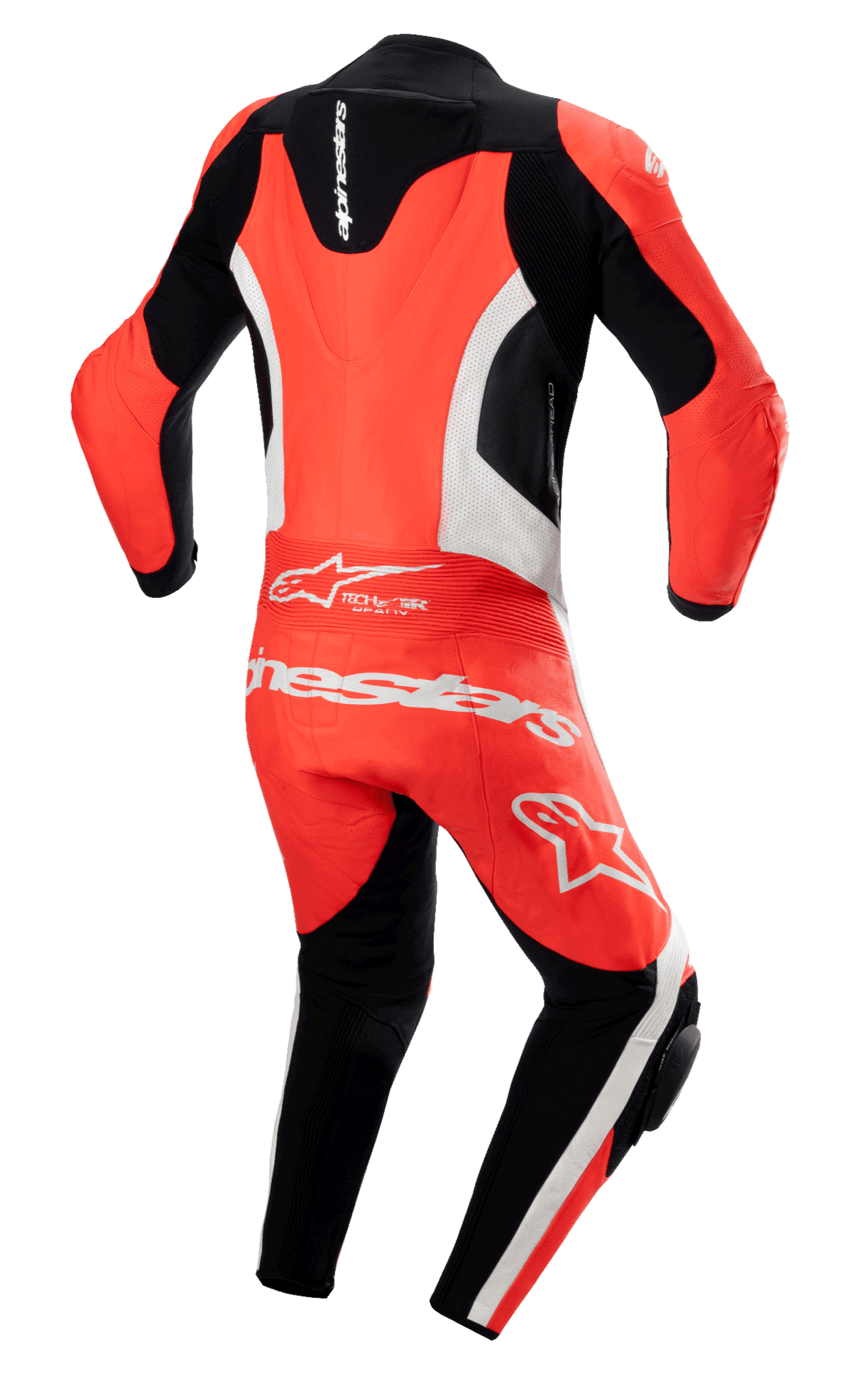 Tuta in pelle Alpinestars GP Force Lurv intera, Rosso Fluo, Bianco e Nero, vista posteriore con gobba aerodinamica, pannelli in pelle traforata bianca e logo Alpinestars sulla parte bassa della schiena, tuta professionale da pista con pannelli a fisarmonica.